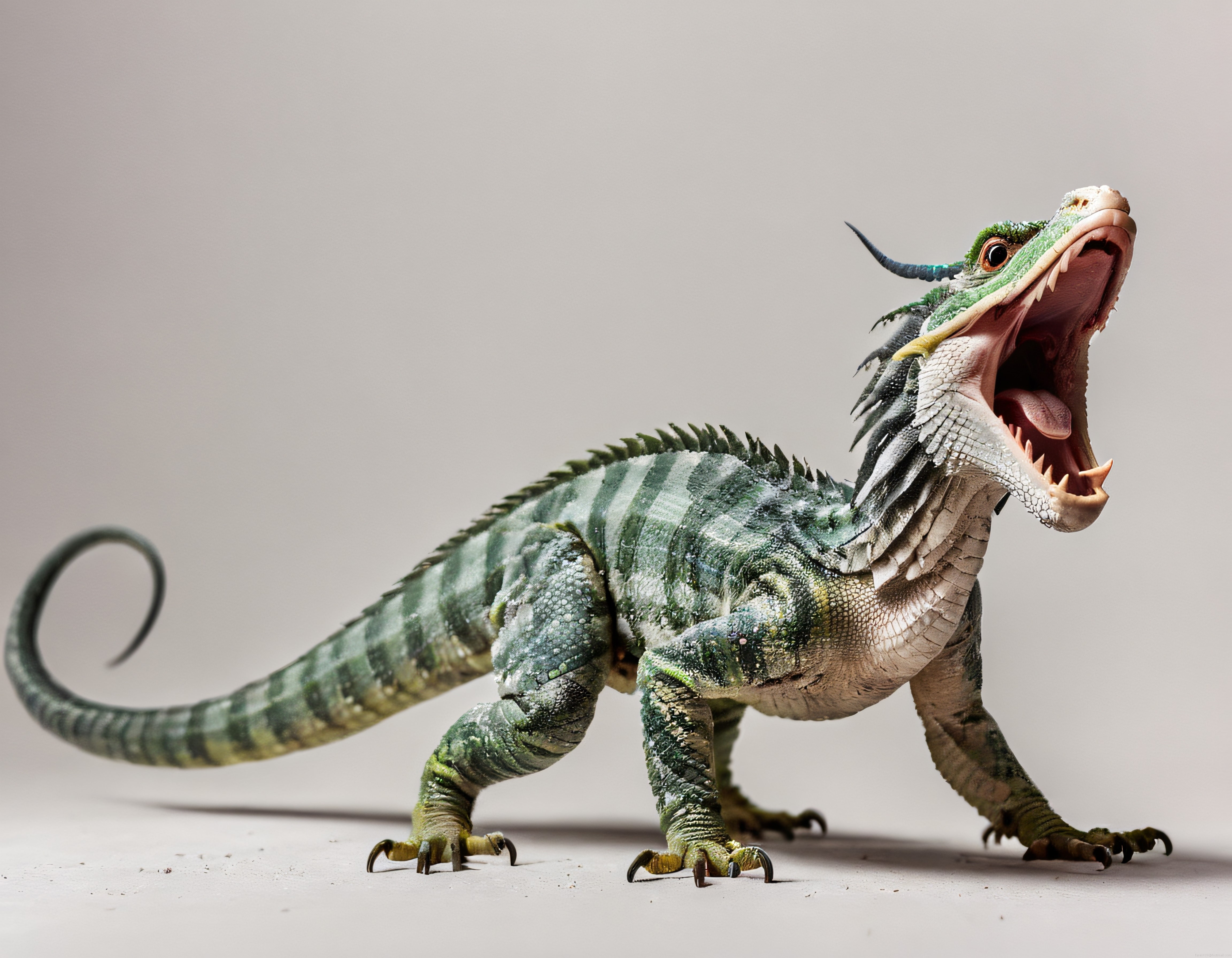 Stüdyo ortamında ağzı açık duran agresif iguana yaratık figürü