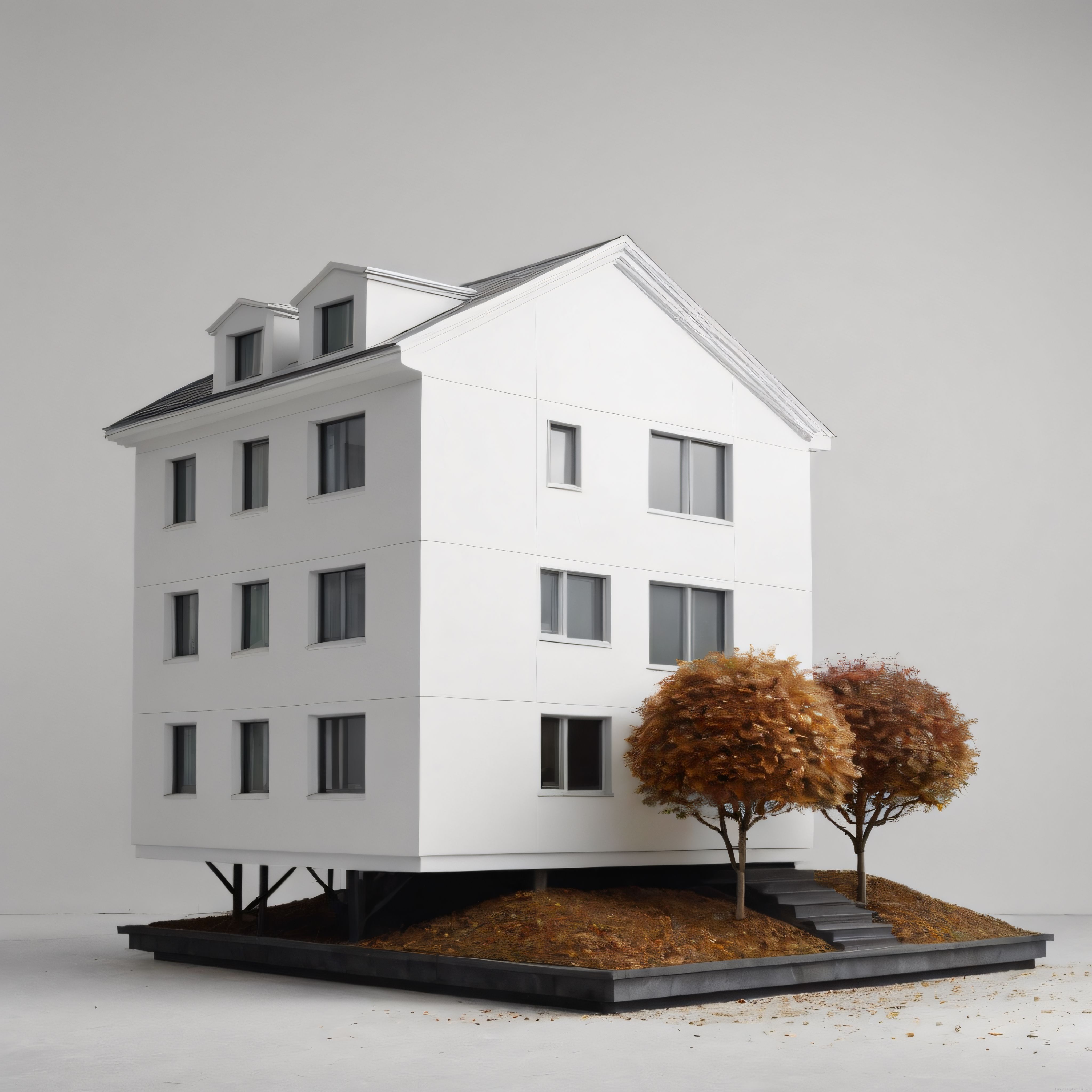Stüdyo Ortamında Beyaz Modern Apartman ve Sonbahar Ağaçlarının Uyumu