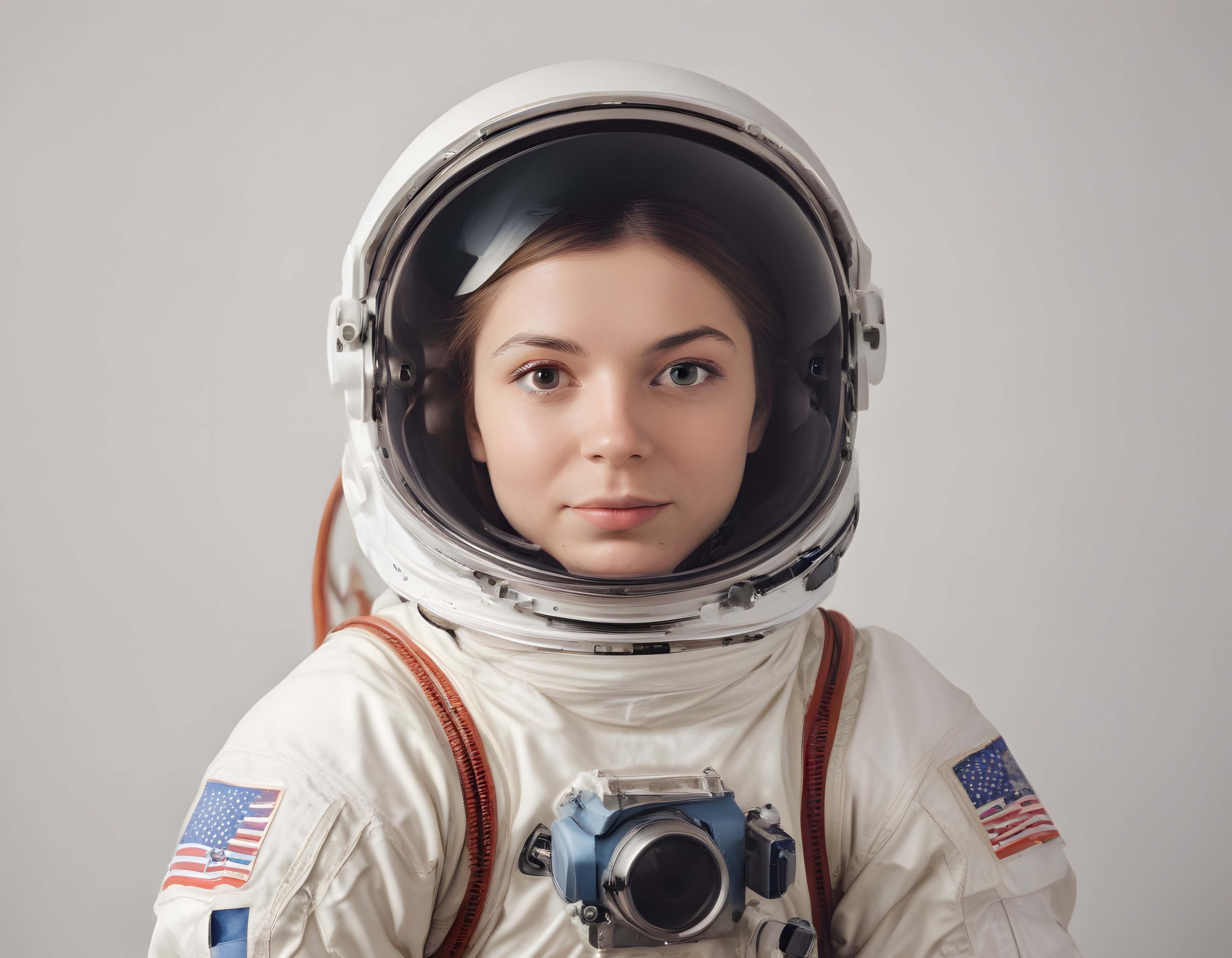 Stüdyo Ortamında Beyaz Uzay Giysisi ve Kask Giyen Kadın Astronot Portresi