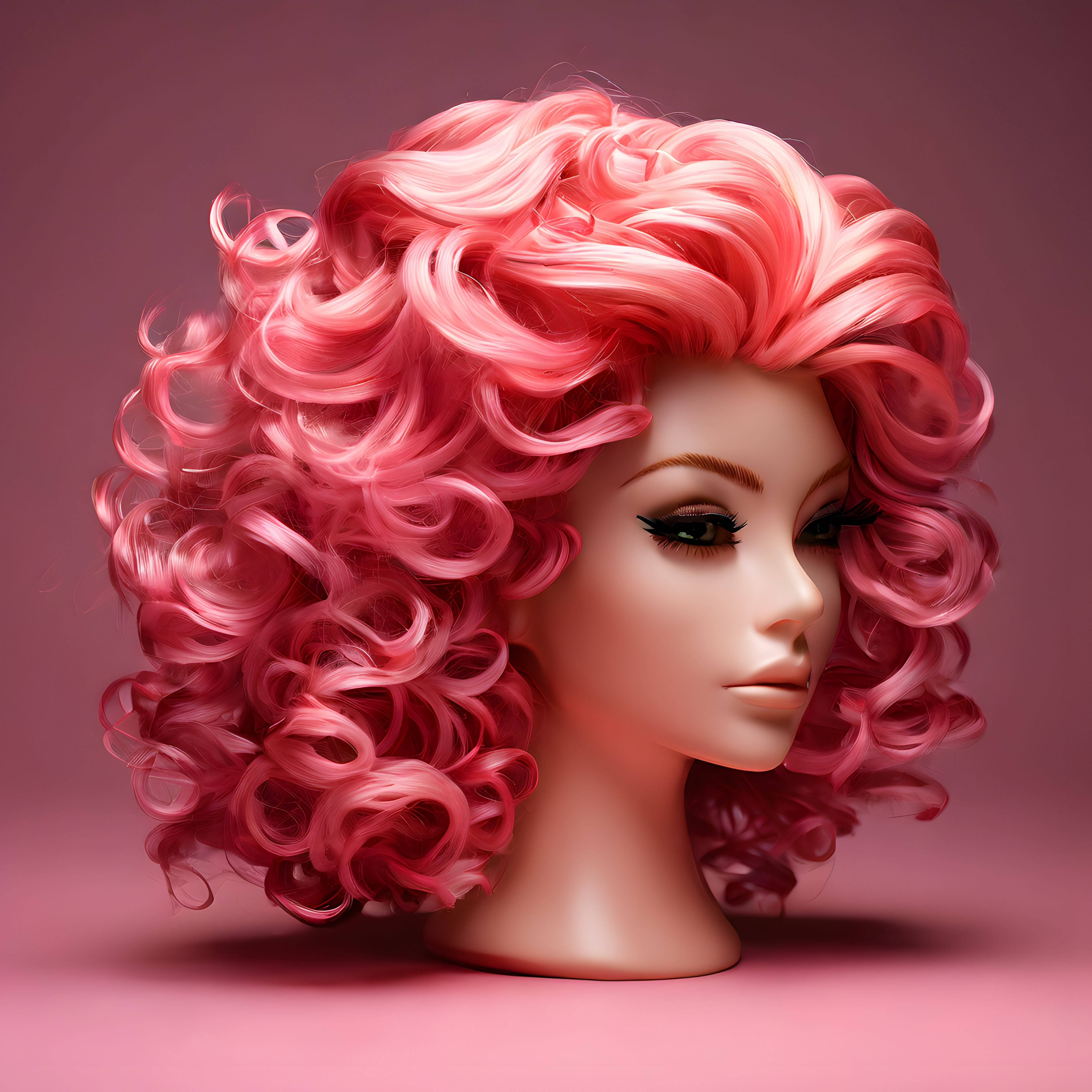 Stüdyo Ortamında Canlı Pembe Kıvırcık Peruk ve Manken Başı Saç Modeli Detayı