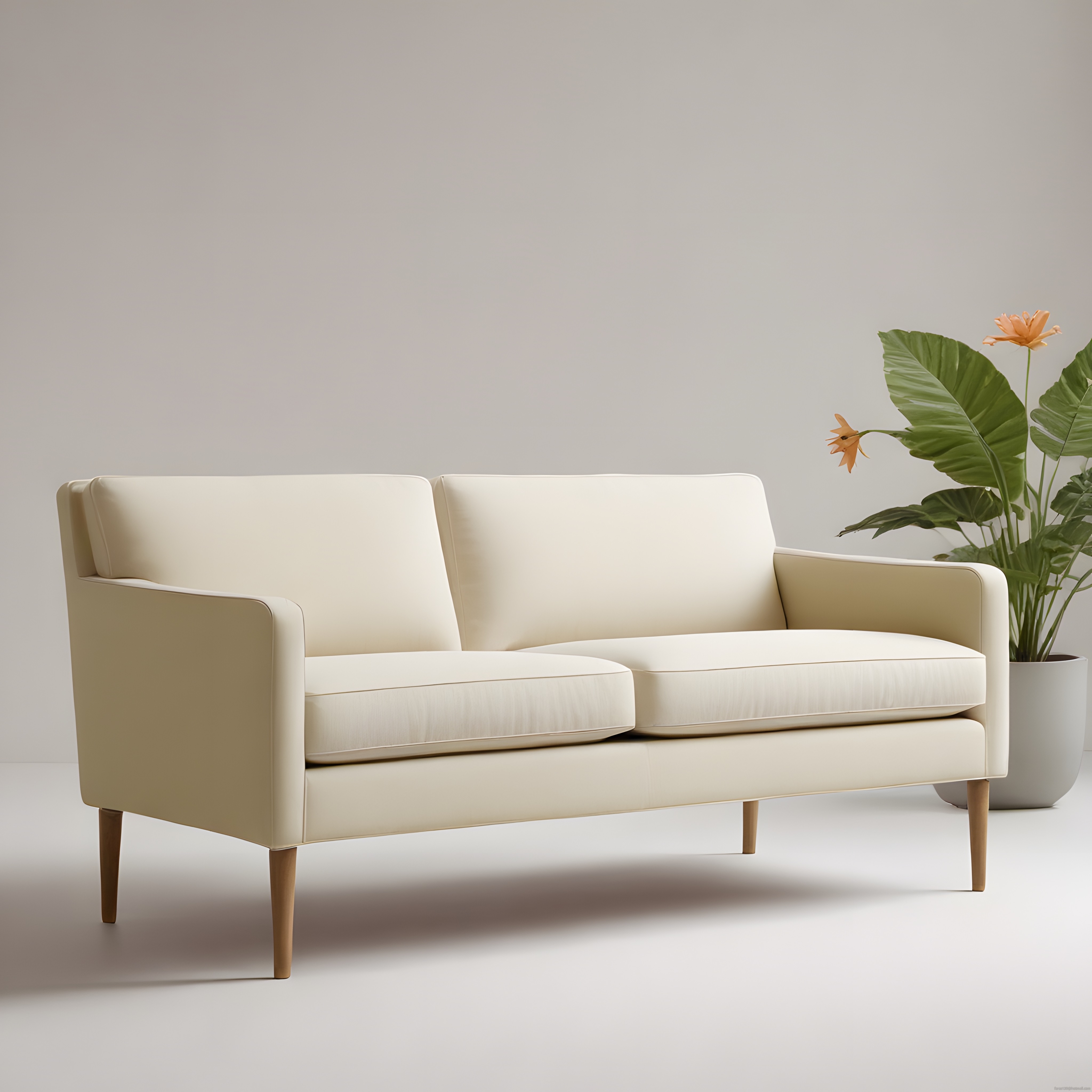 stüdyo ortamında modern bej kanepe ve yeşil bitki ile minimalist dekorasyon