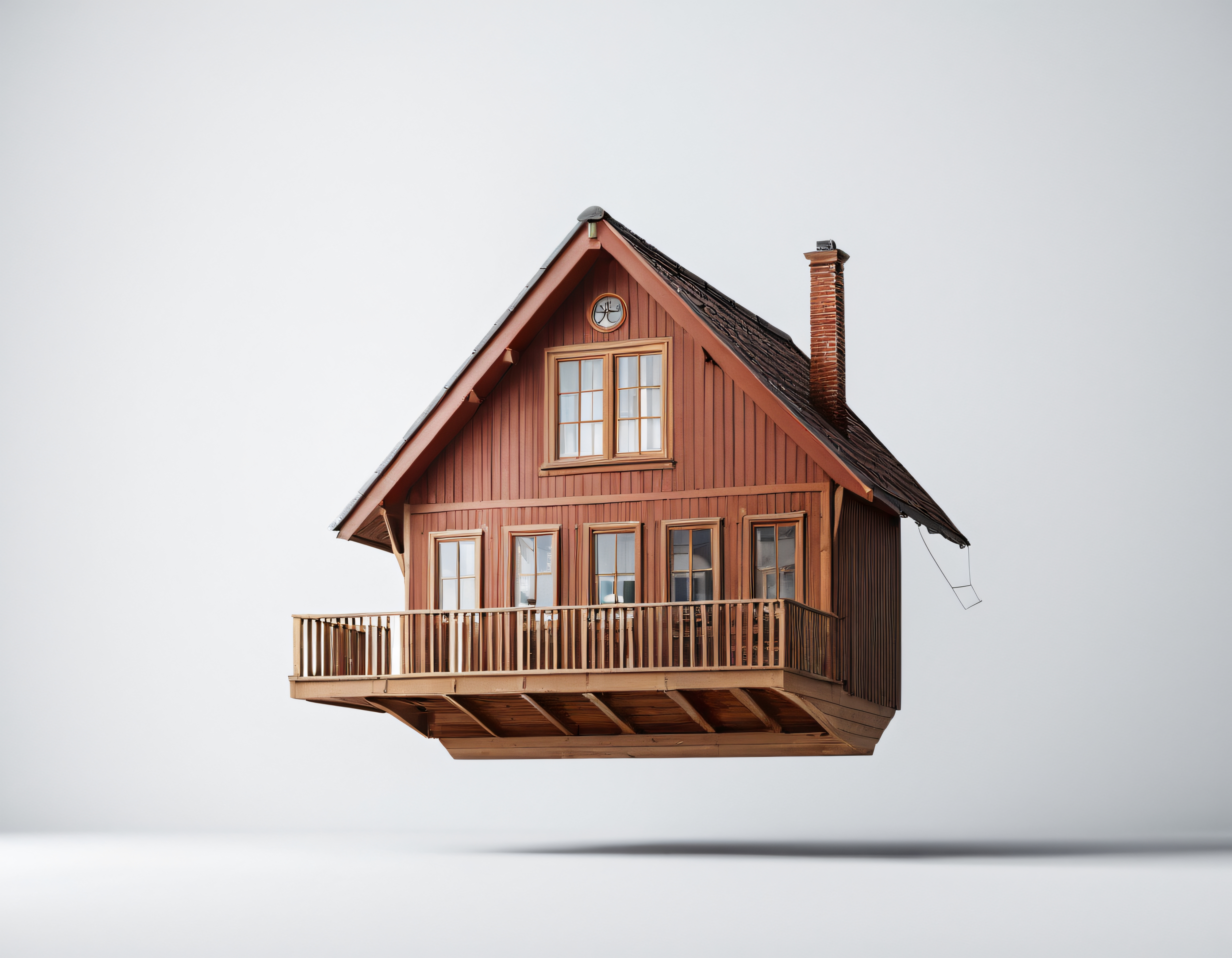 Stüdyoda Havada Süren Şirin Ahşap Dağ Evi, Minimalist Arkaplan ve Yumuşak Gölge