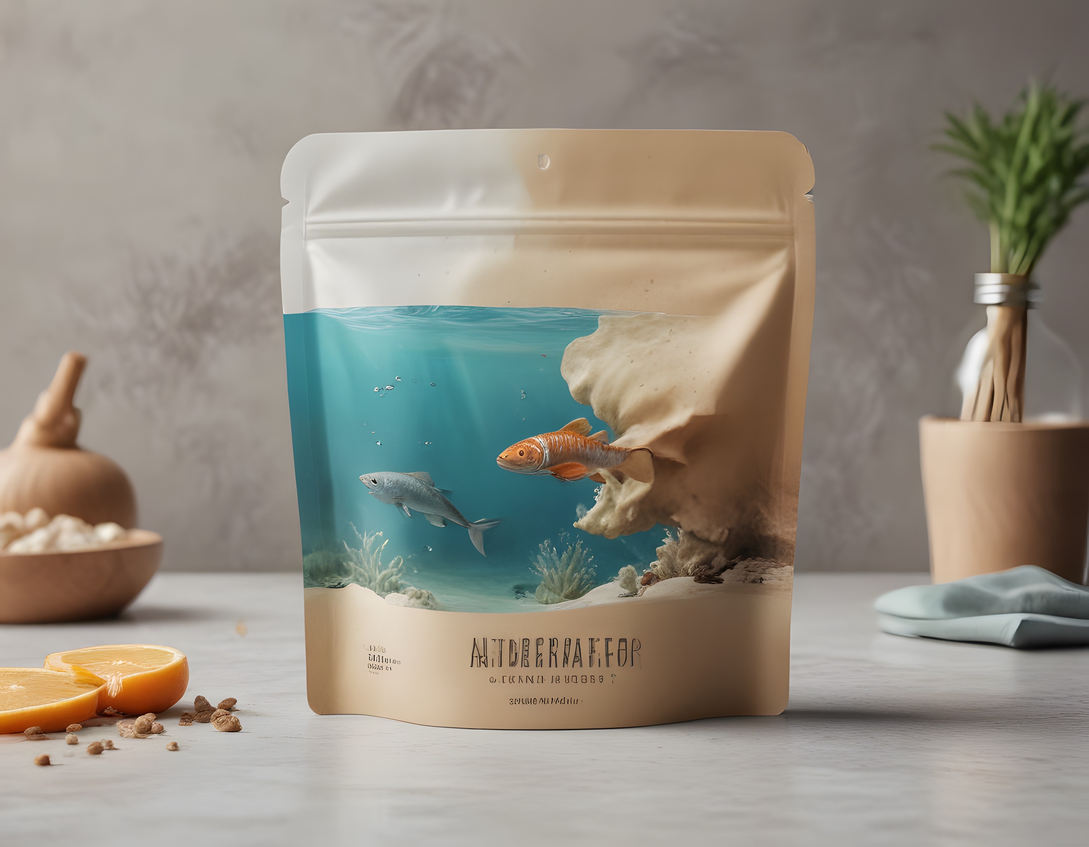 Su altı balık temalı premium kraft ambalaj ve mutfak tezgahı çekimi