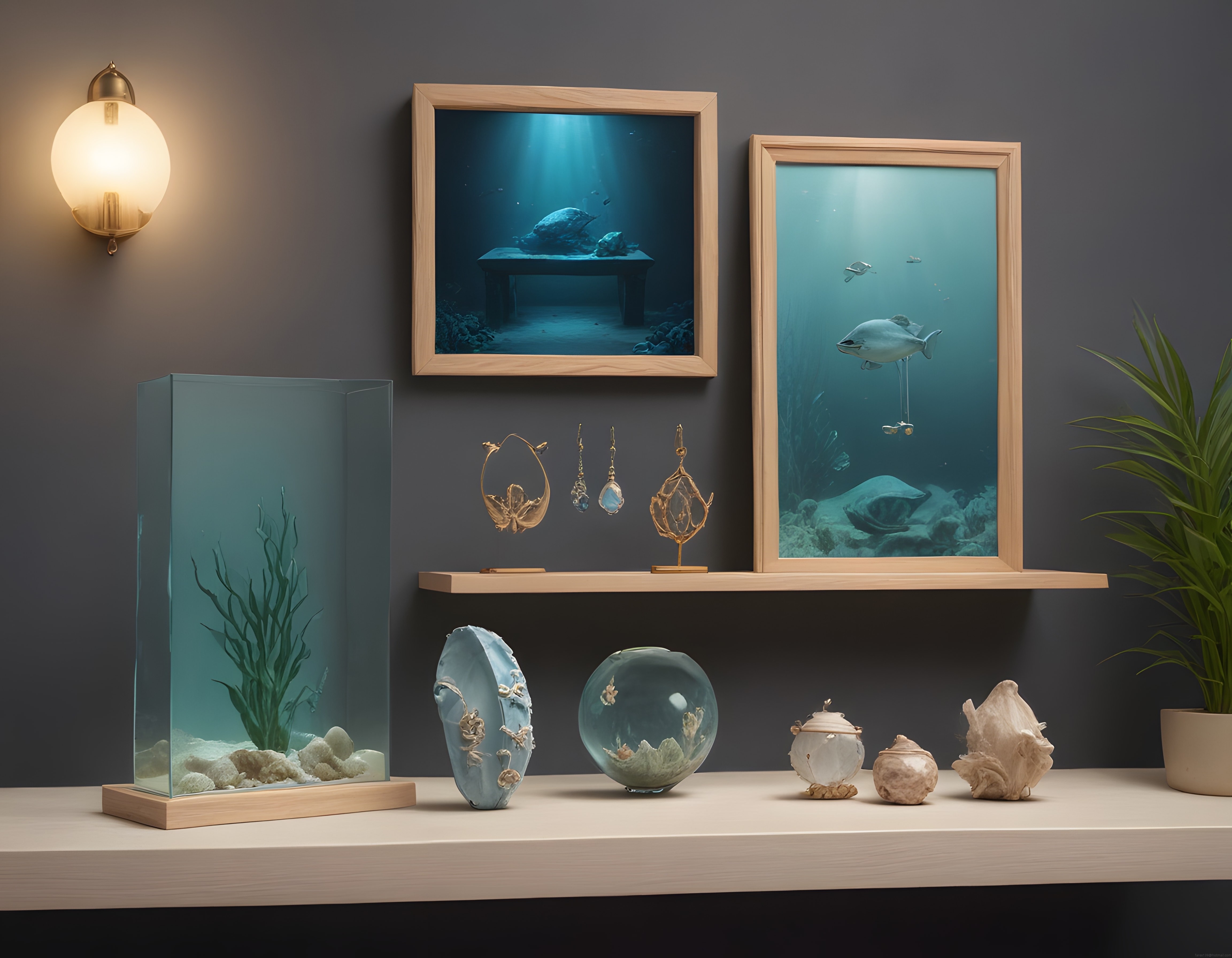 Su altı temalı modern ev dekorasyonu nautilus kabukları ve mercan detayları