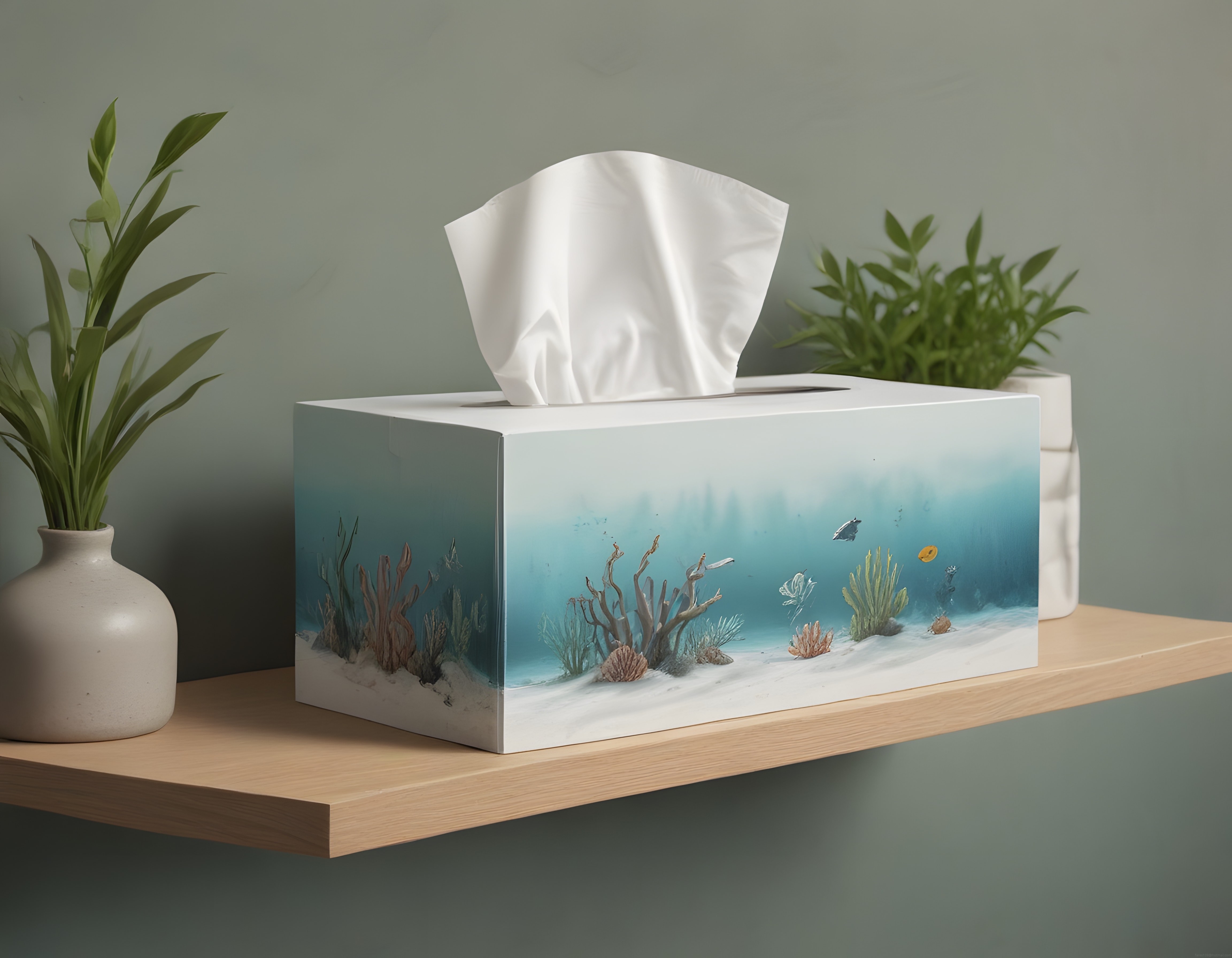Su Altı Temalı Peçete Kutusu ve Dekoratif Bitkilerle Modern Ev Stili