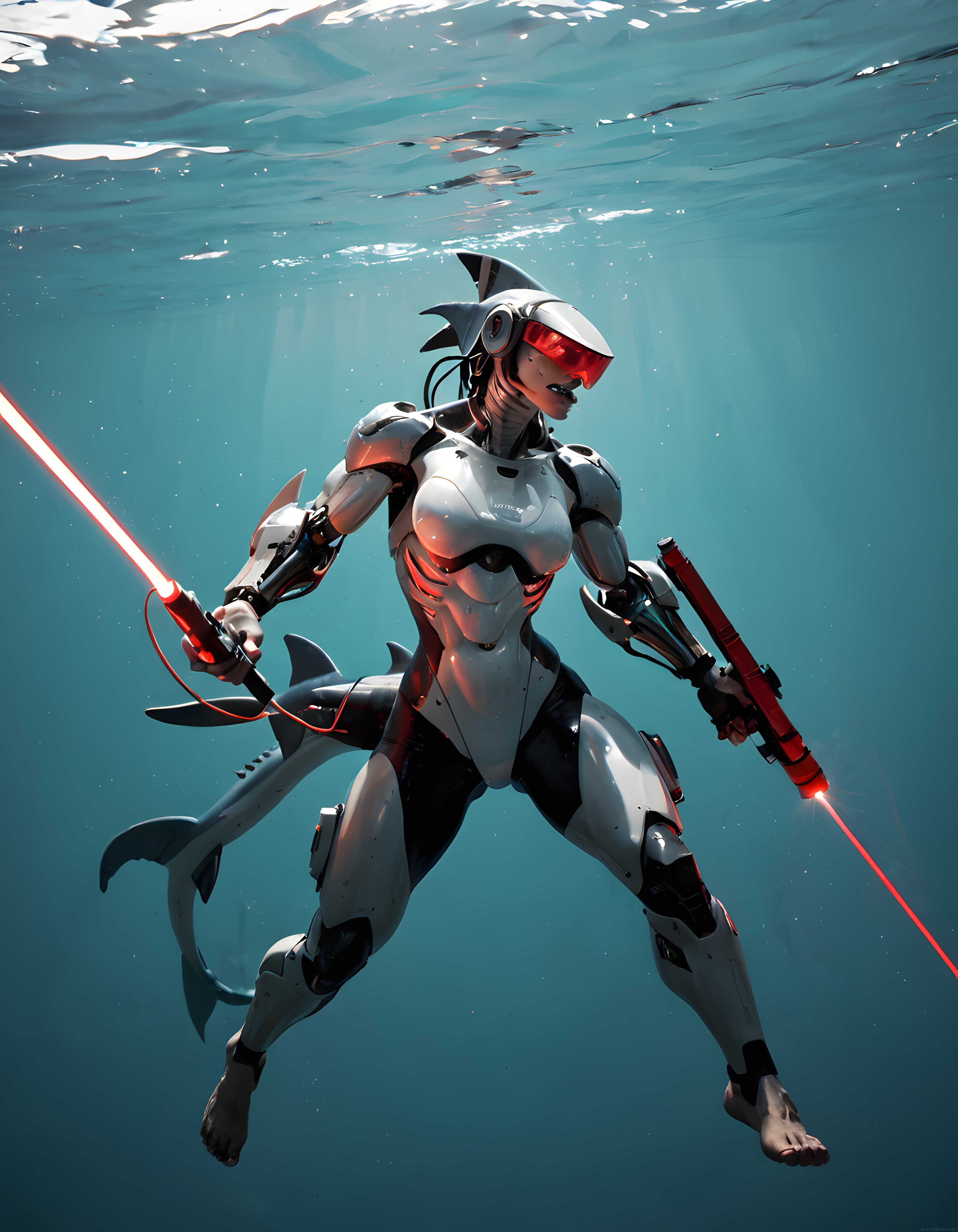 Su Altında Köpekbalığı Temalı Cyborg Savaşçı ve Kırmızı Işın Kılıcı