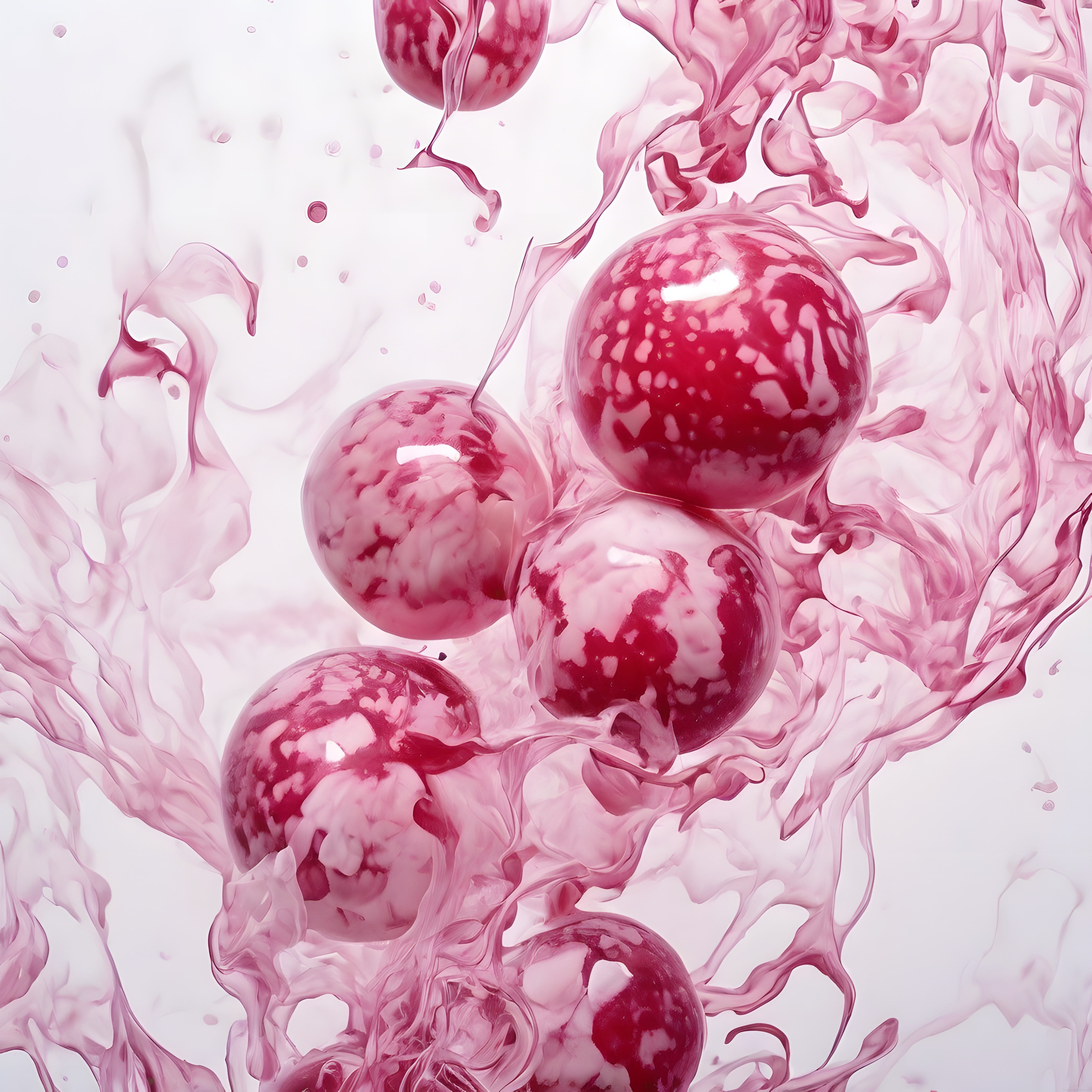 Su altında süzülen kırmızı meyveler ve pembe dumanın soyut uyumu