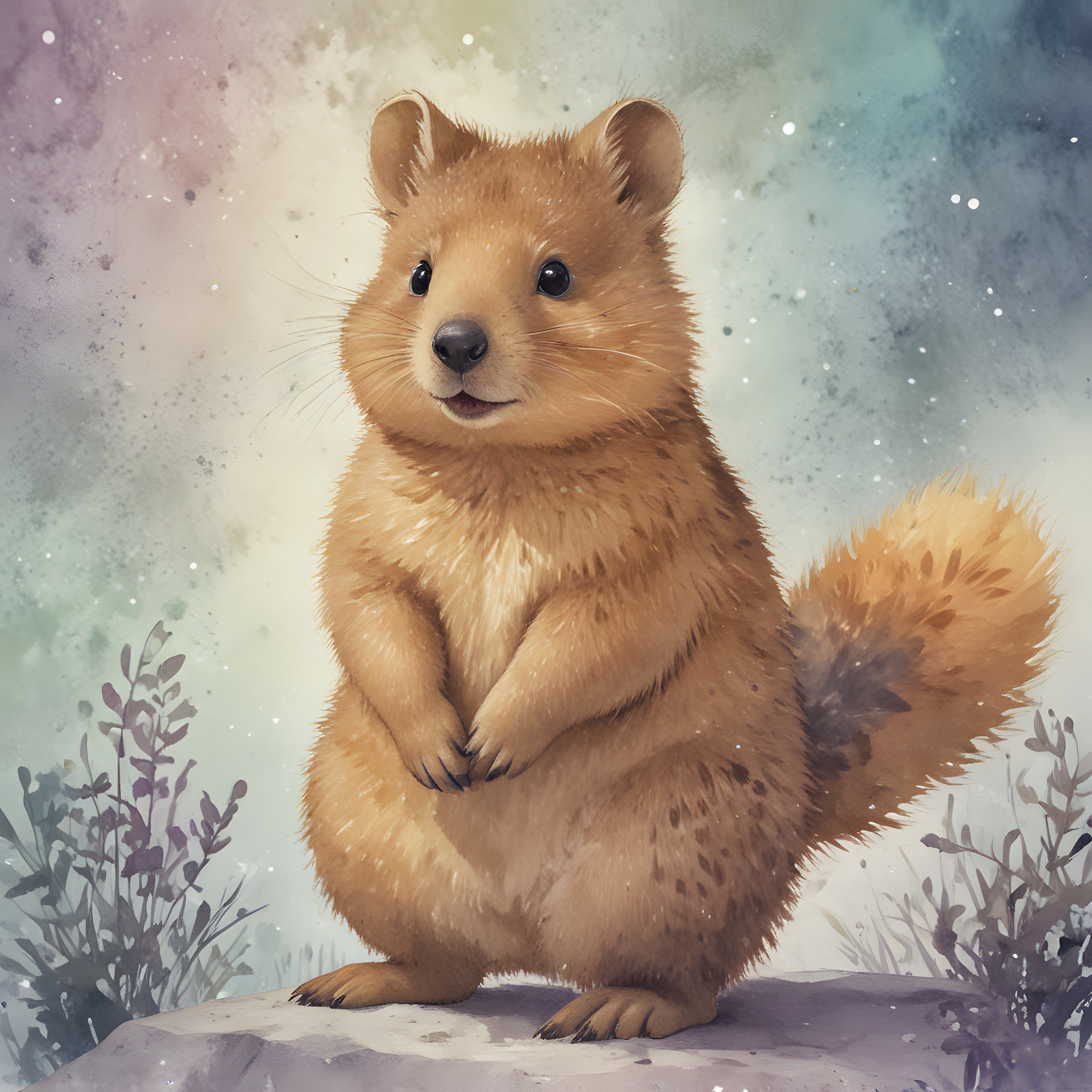 Su Boyama Tekniğiyle Çizilmiş Sevimli Quokka Dijital Sanat Çalışması