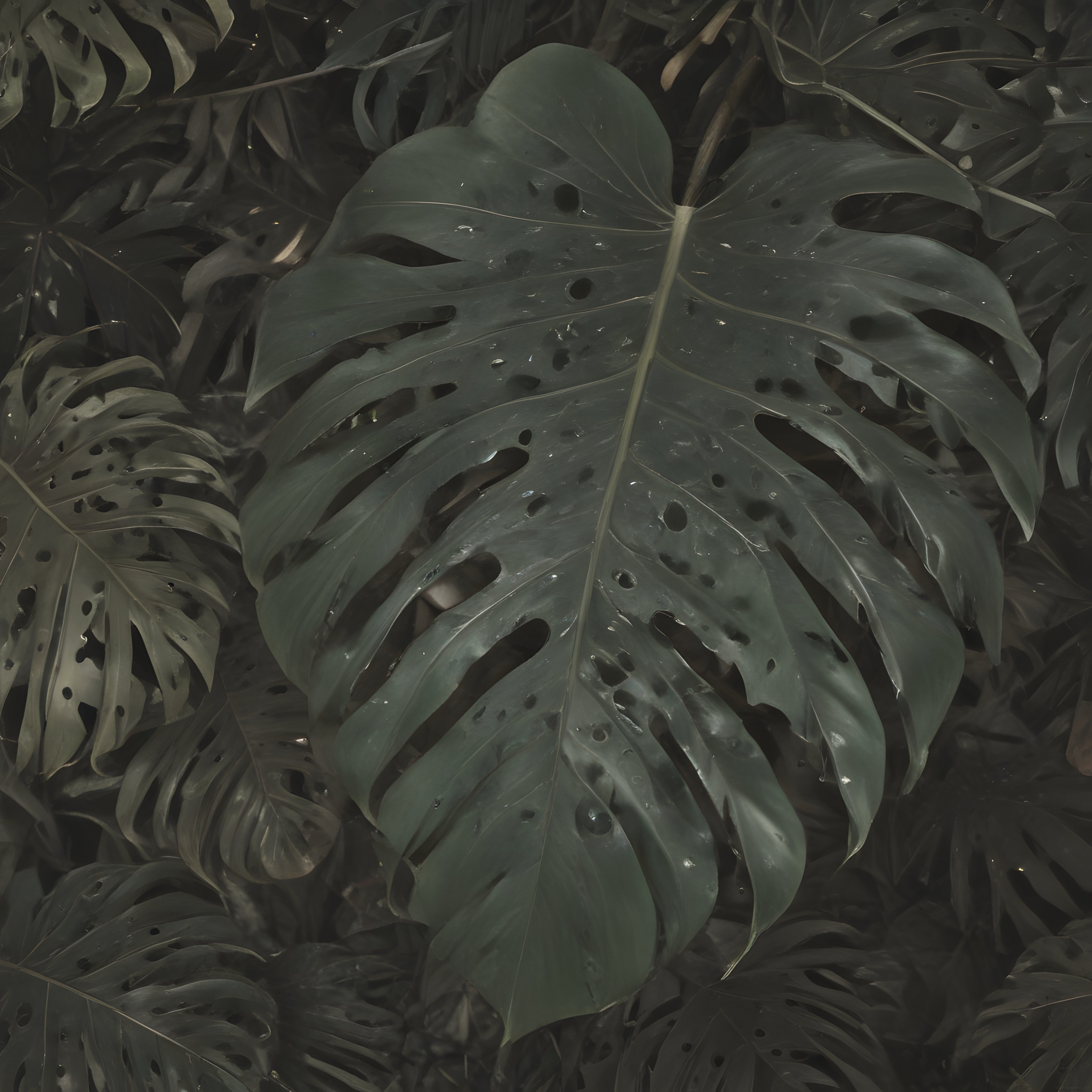 Su Damlalı Koyu Yeşil Monstera Yaprakları ve Doğal Bitki Dokusu