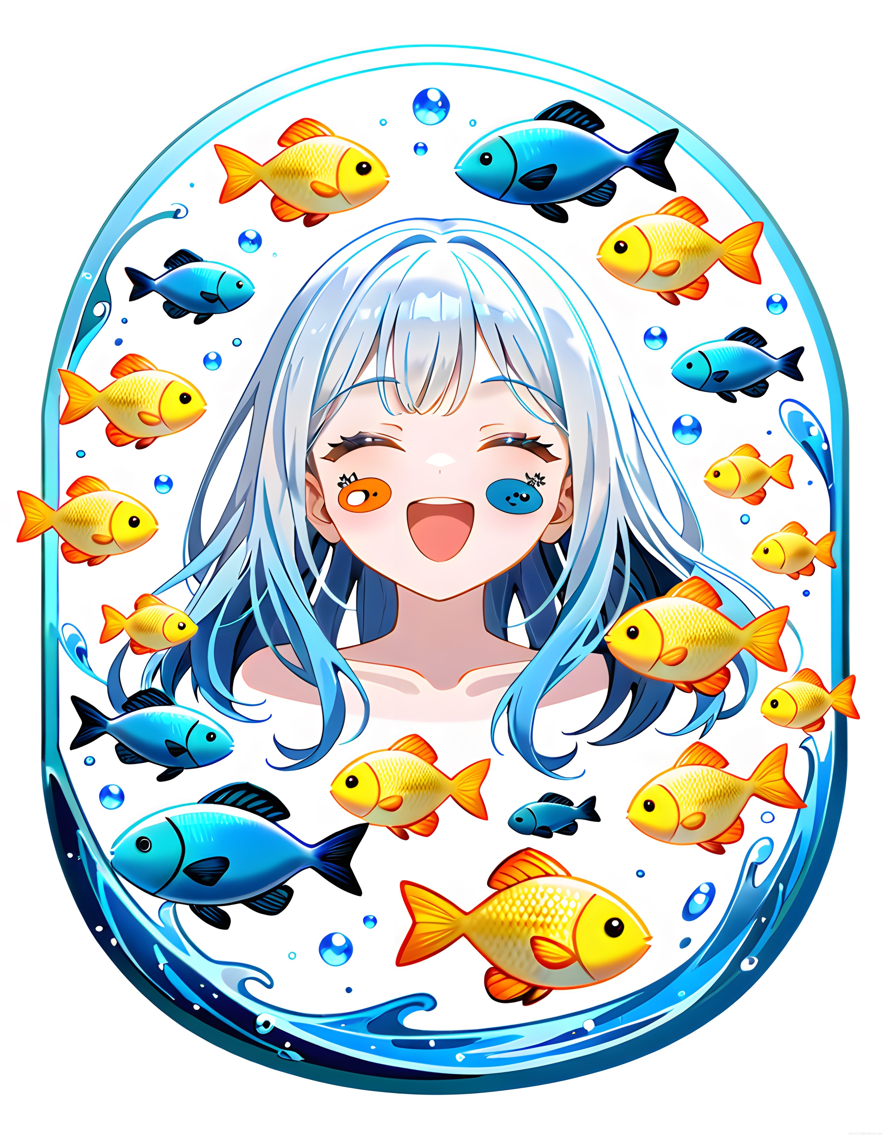 Su Dünyasının İçinde Neşeyle Gülümseyen Mavi Saçlı Anime Kız ve Balıkları