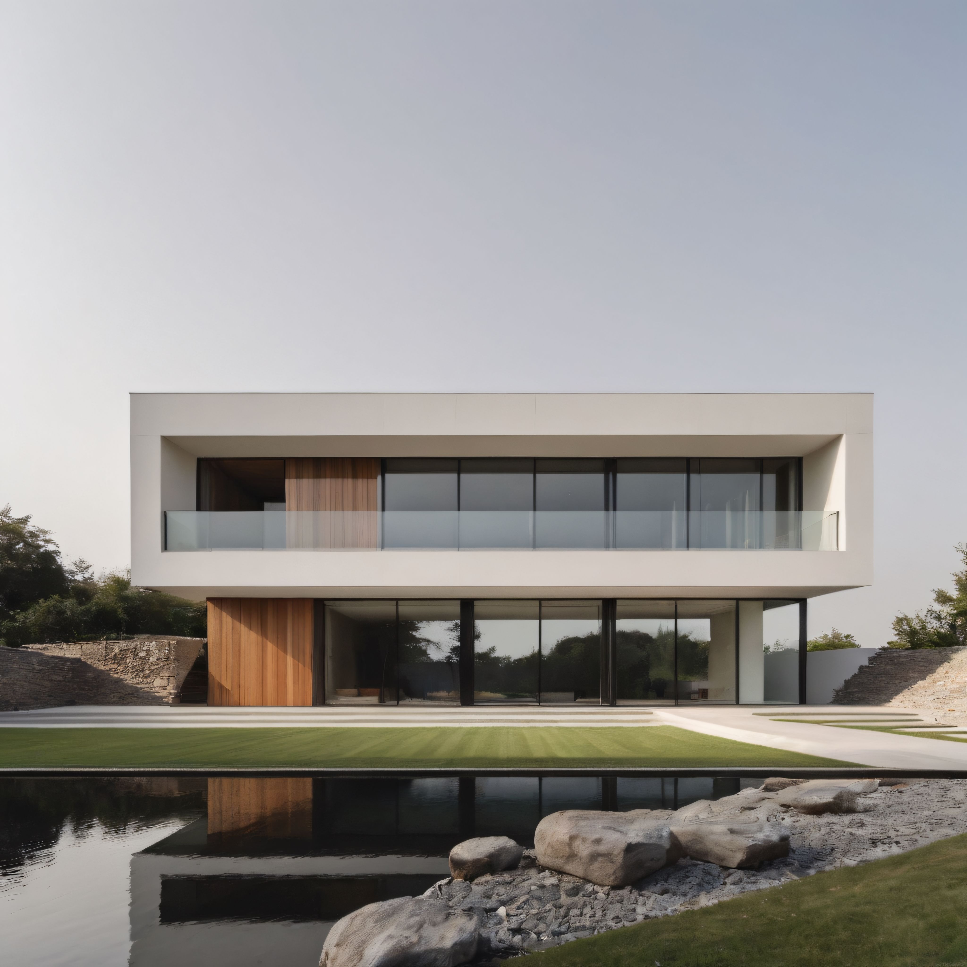 Su Kenarında Yer Alan Modern Minimalist Villa ve Geniş Cam Cepheli Mimari