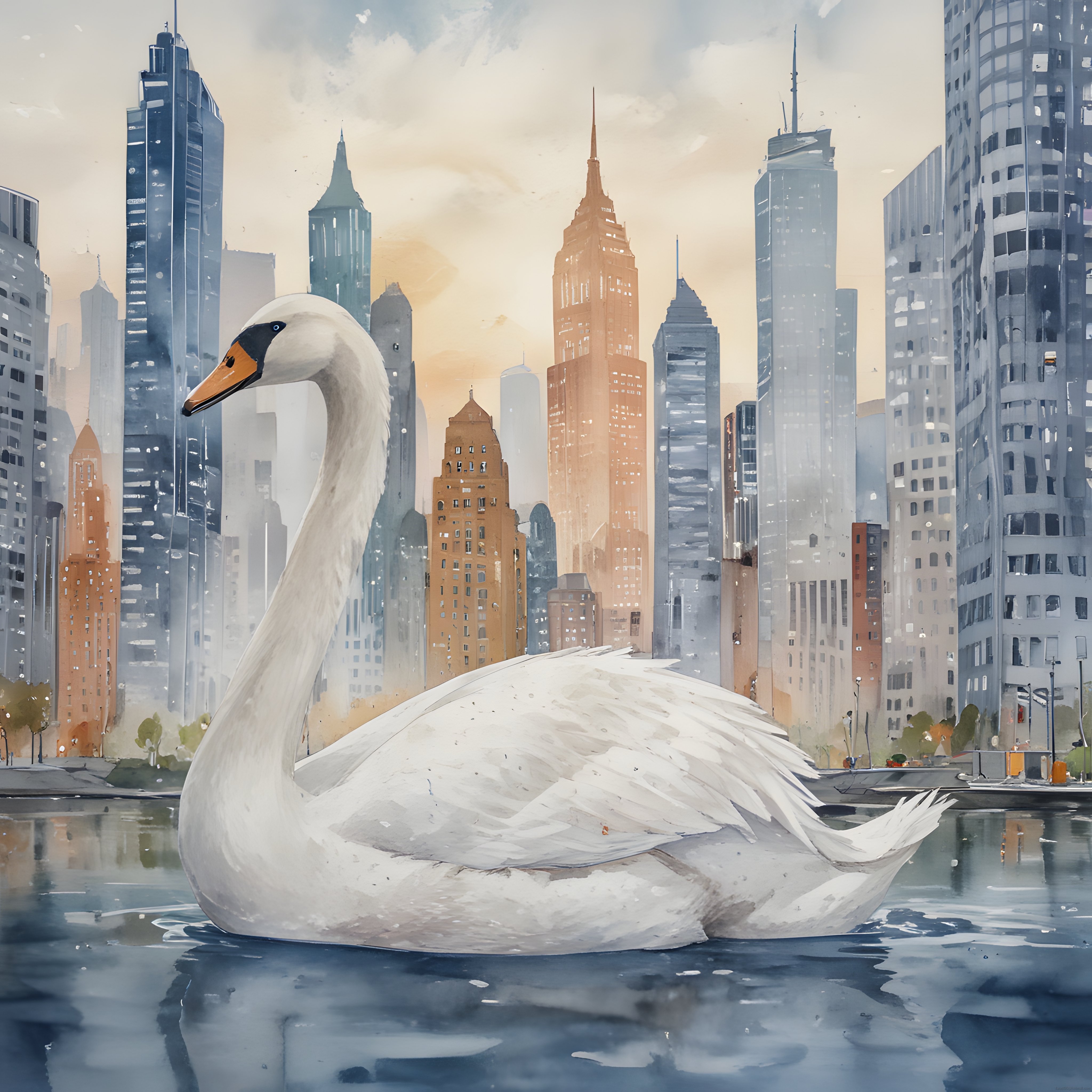 Su üzerinde duran dev beyaz kuğu ve New York silüetinin dijital sanat eseri