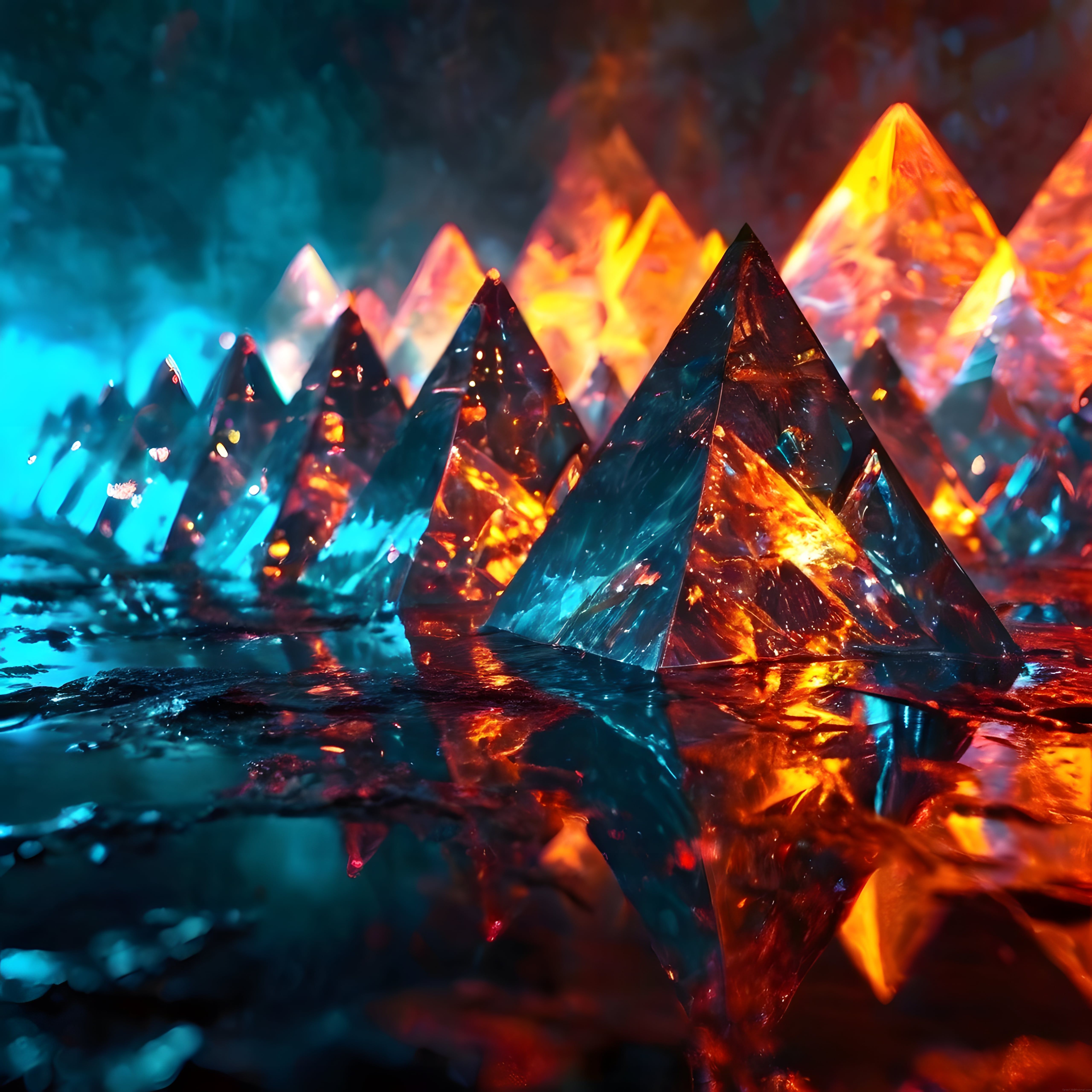 Su Üzerinde Parlayan Kristal Piramitler: Fantastik Dijital Sanat Kompozisyonu