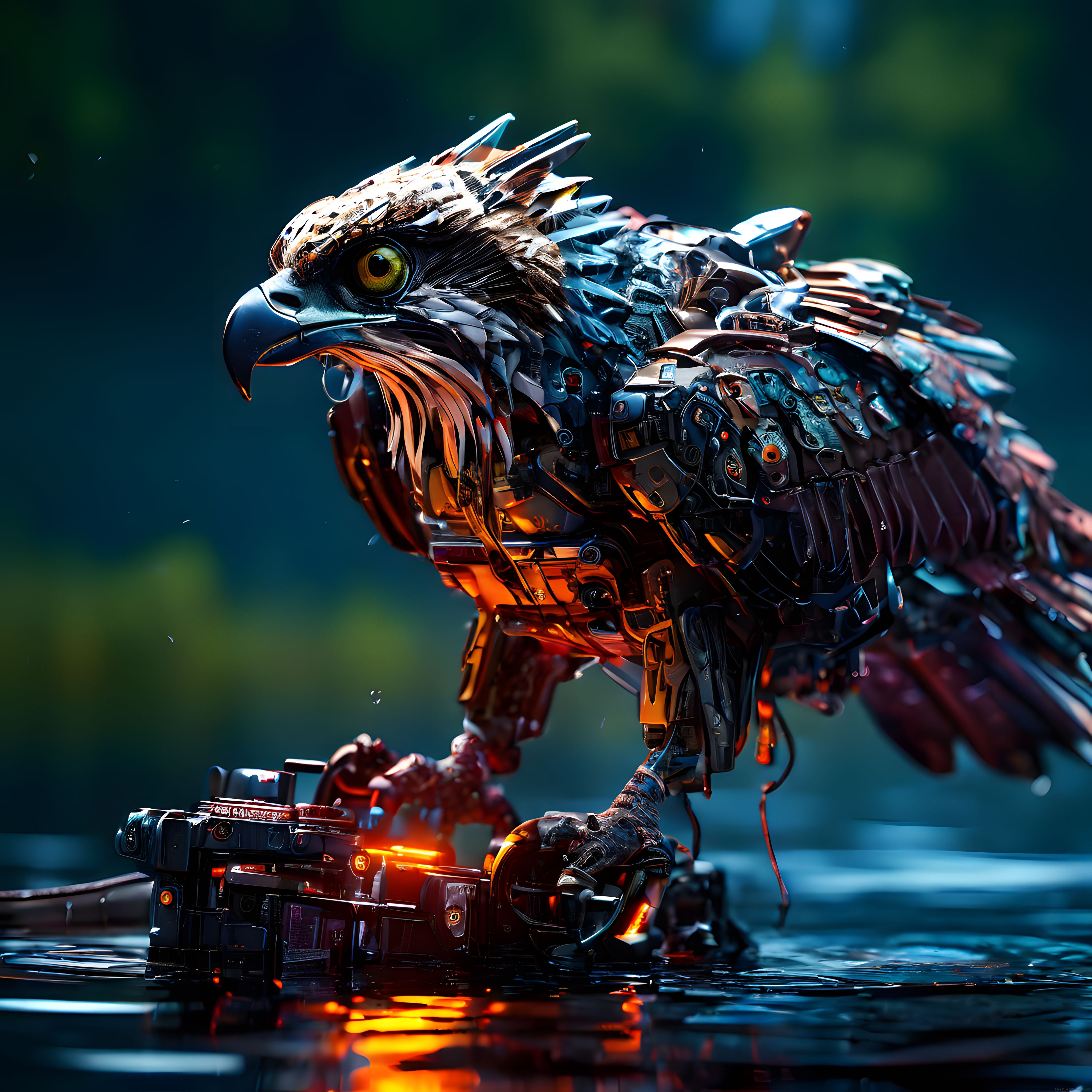 su üzerindeki cyberpunk mekanik kartal heykeli ve detaylı metal işçiliği