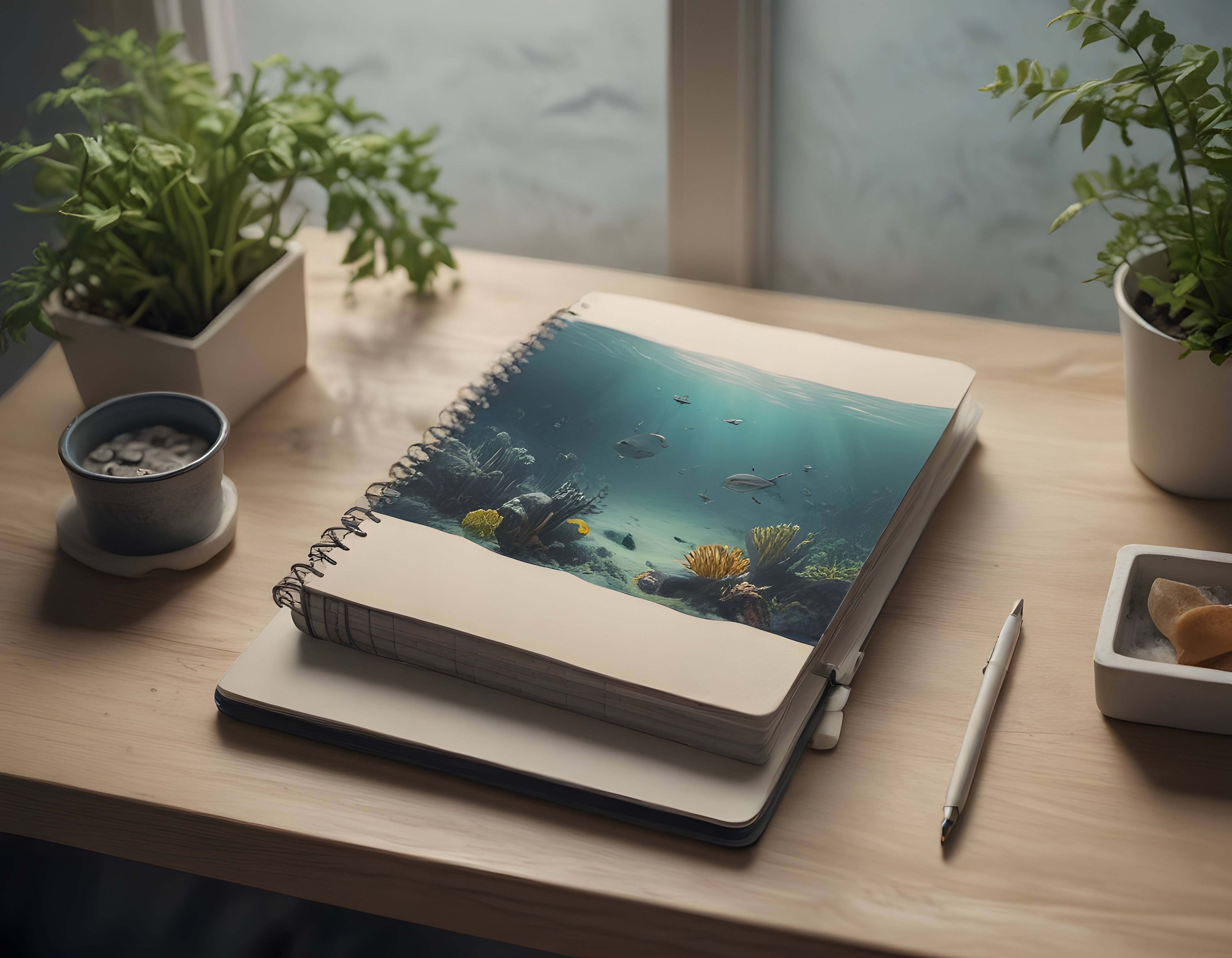 Sualtı Manzaralı Defter ve Bitkilerle Sakin Çalışma Masası Dekoru