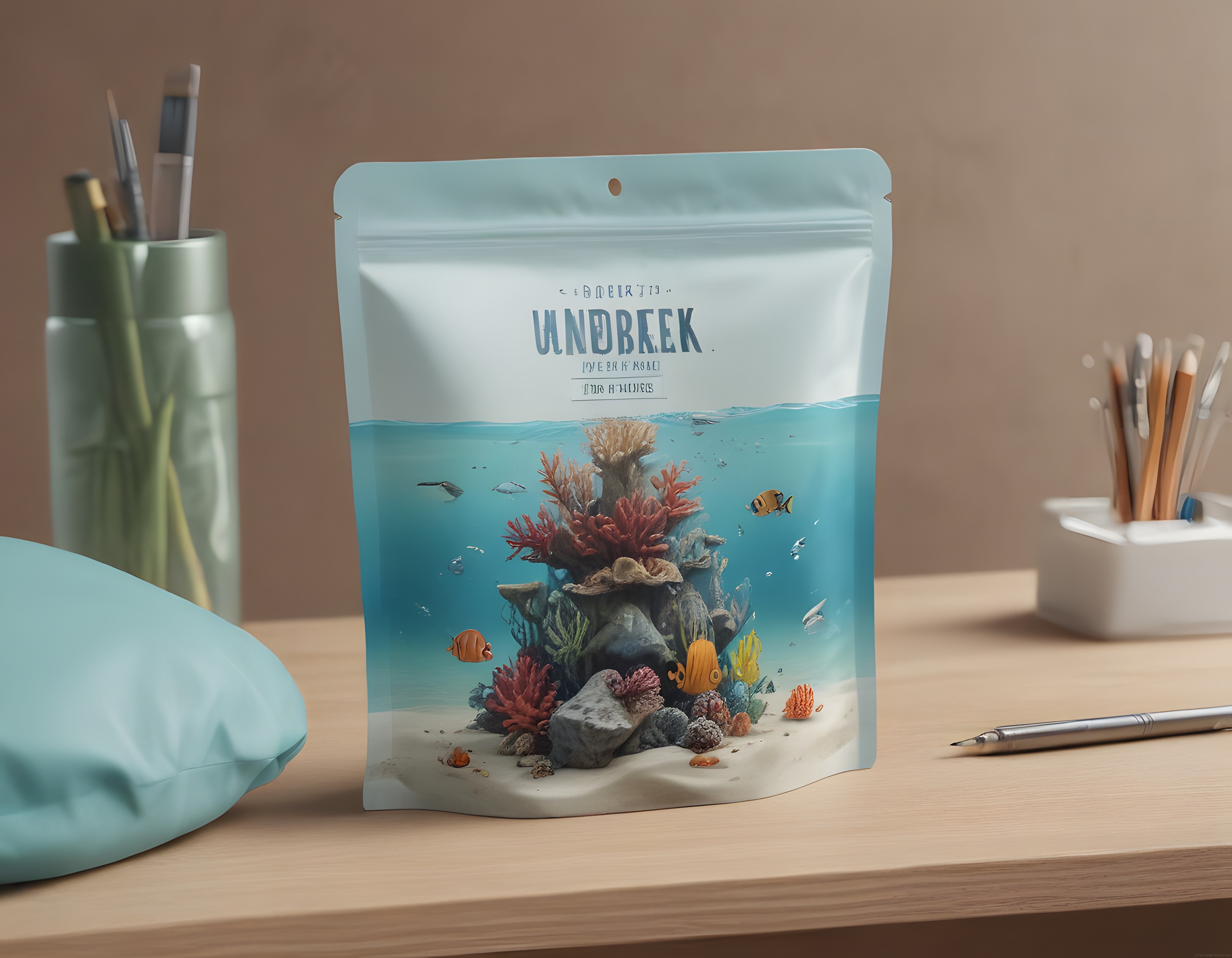 Sualtı Mercan Desenli Ambalaj Mockup ve Ahşap Masa Üzeri Sanat Araçları