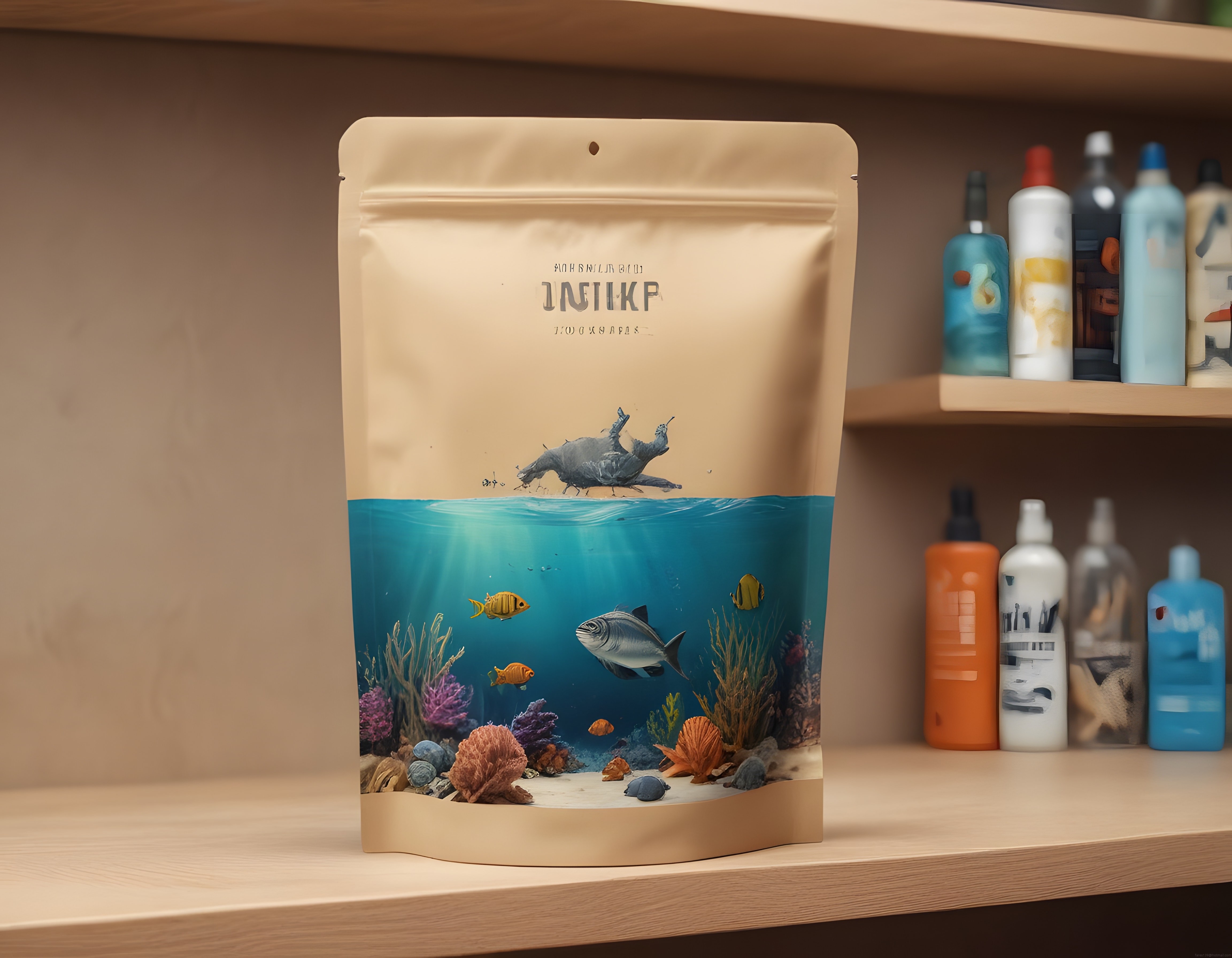 Sualtı Temalı Eko Kraft Ambalaj ve Kozmetik Raf Ürün Mockup Görseli