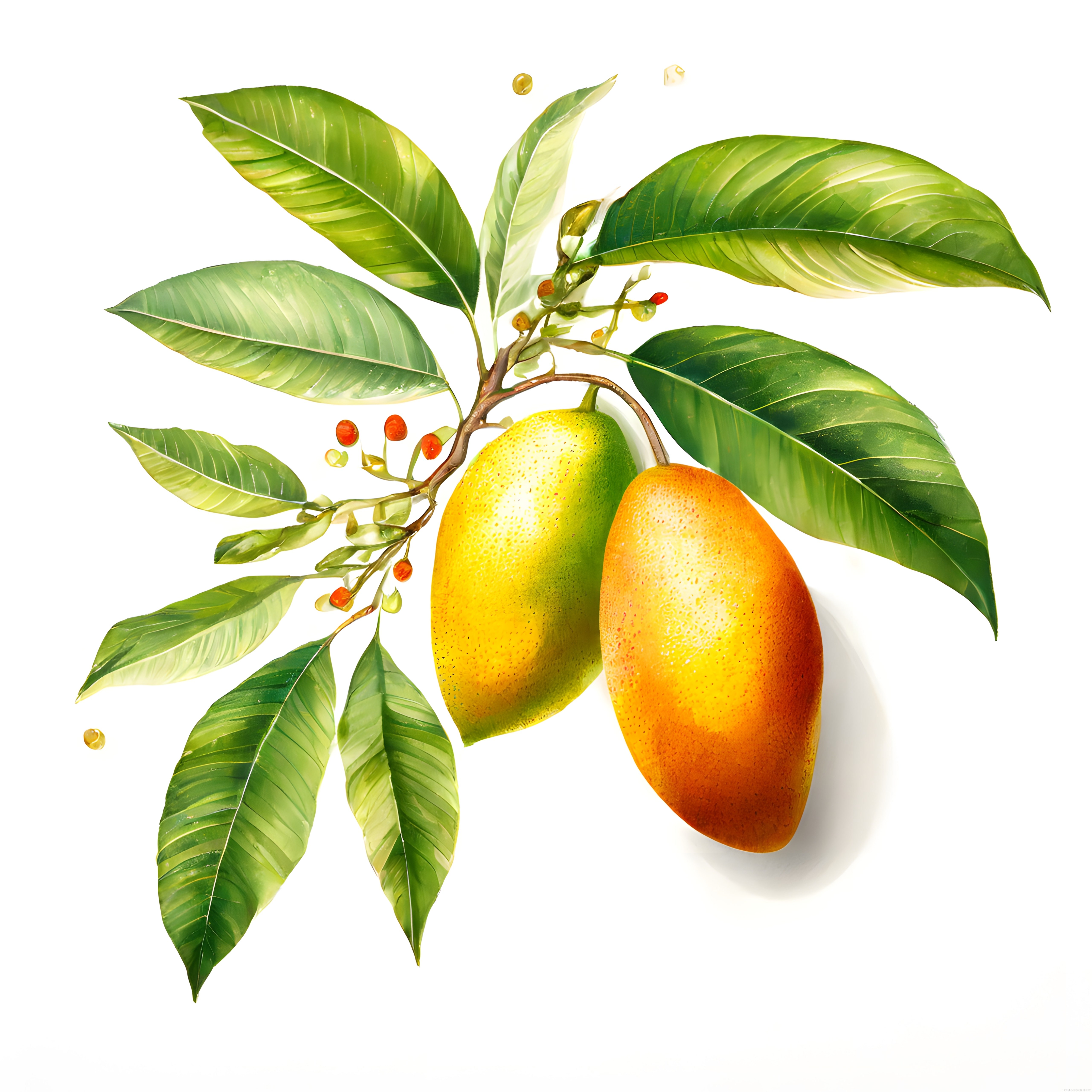 şube üzerinde olgun mango meyveleri ve canlı yeşil yapraklar sanatsal çizim