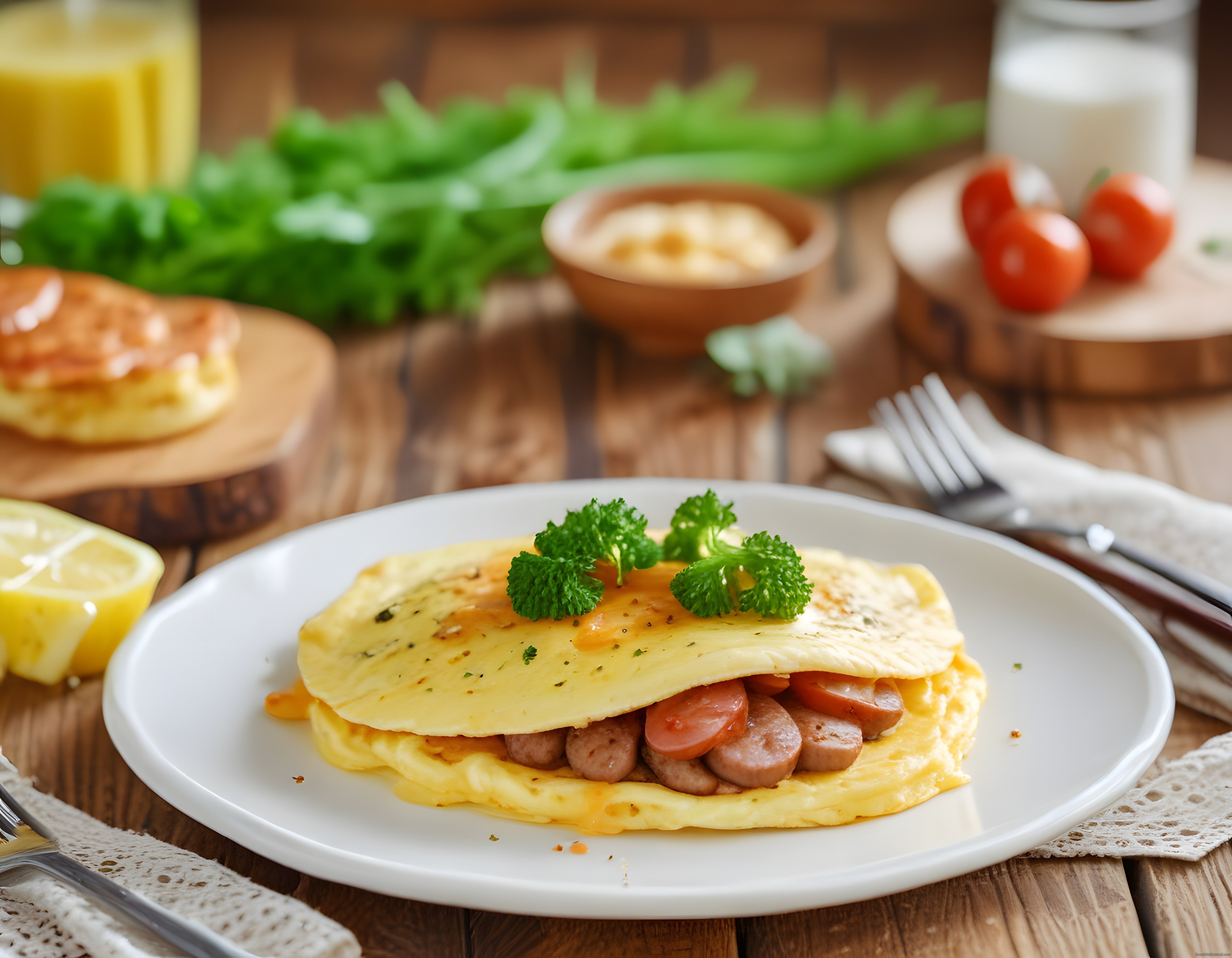 Sucuklu Omlet ve Taze Sebzelerle Hazırlanmış Nefis Kahvaltı Masası Sunumu