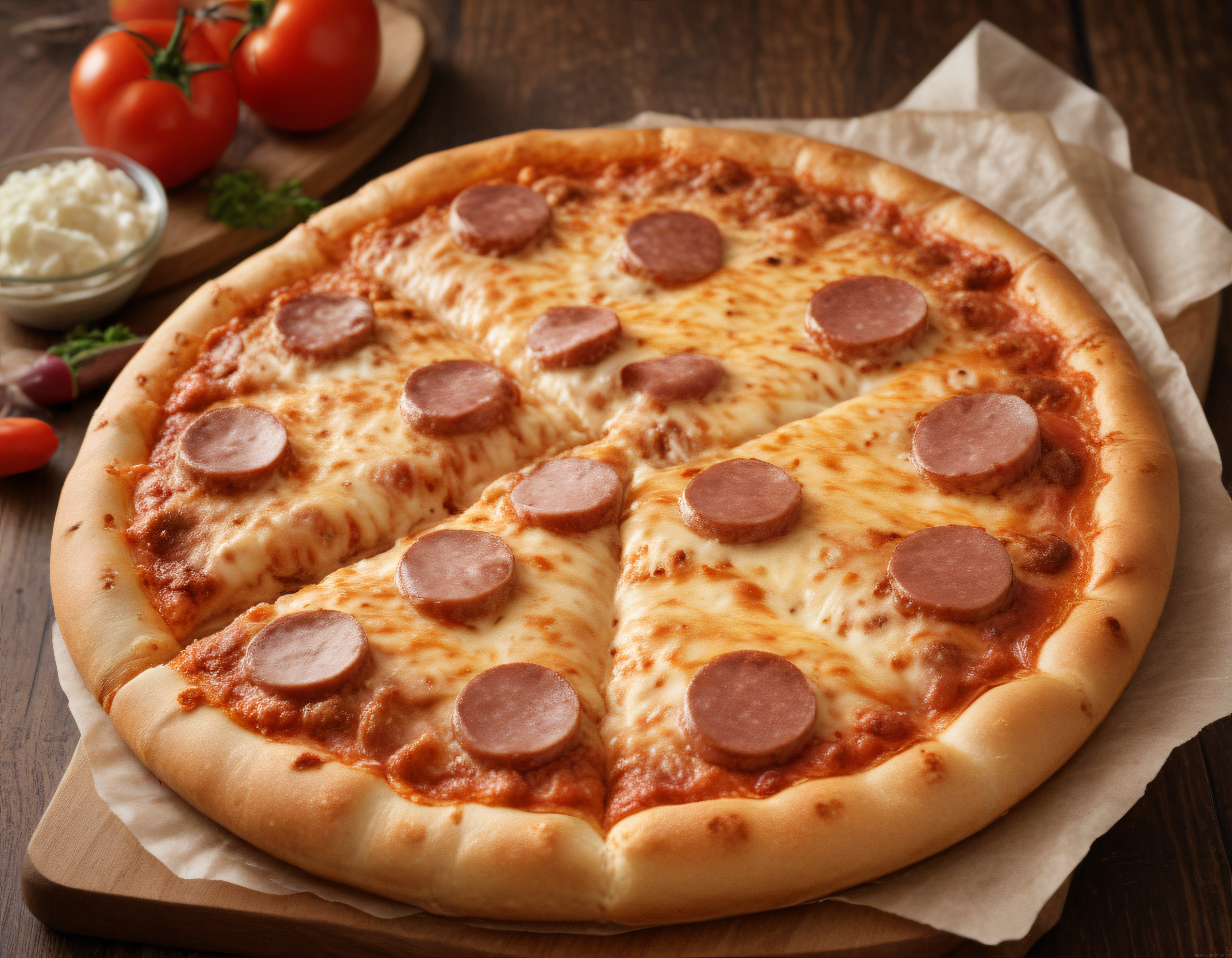 Sucuklu Pizza: Ahşap Sunum Tahtasında Bol Peynirli Ev Yapımı Lezzet