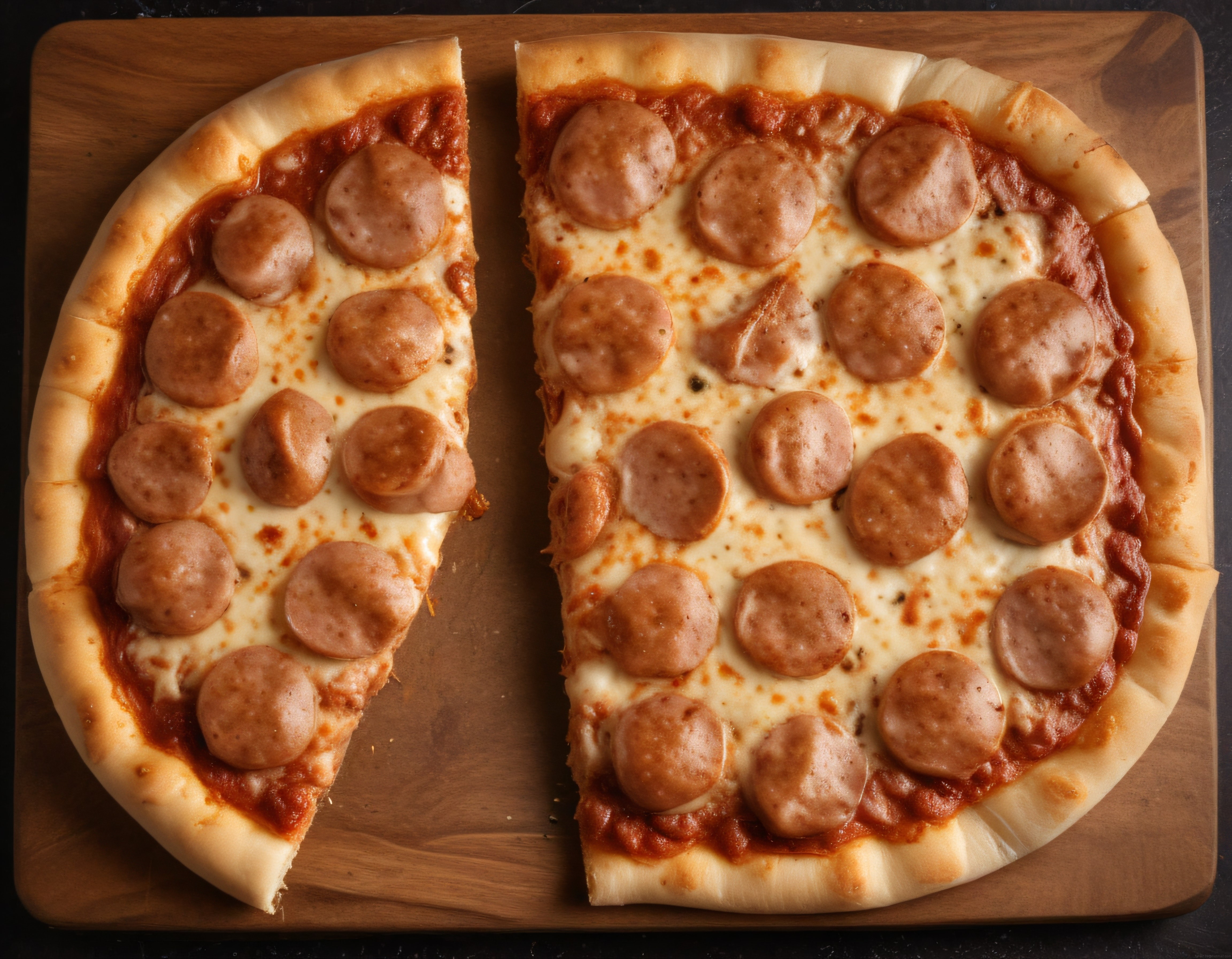 Sucuklu ve Bol Peynirli İtalyan Pizza Dilimleri Ahşap Sunum Tahtasında