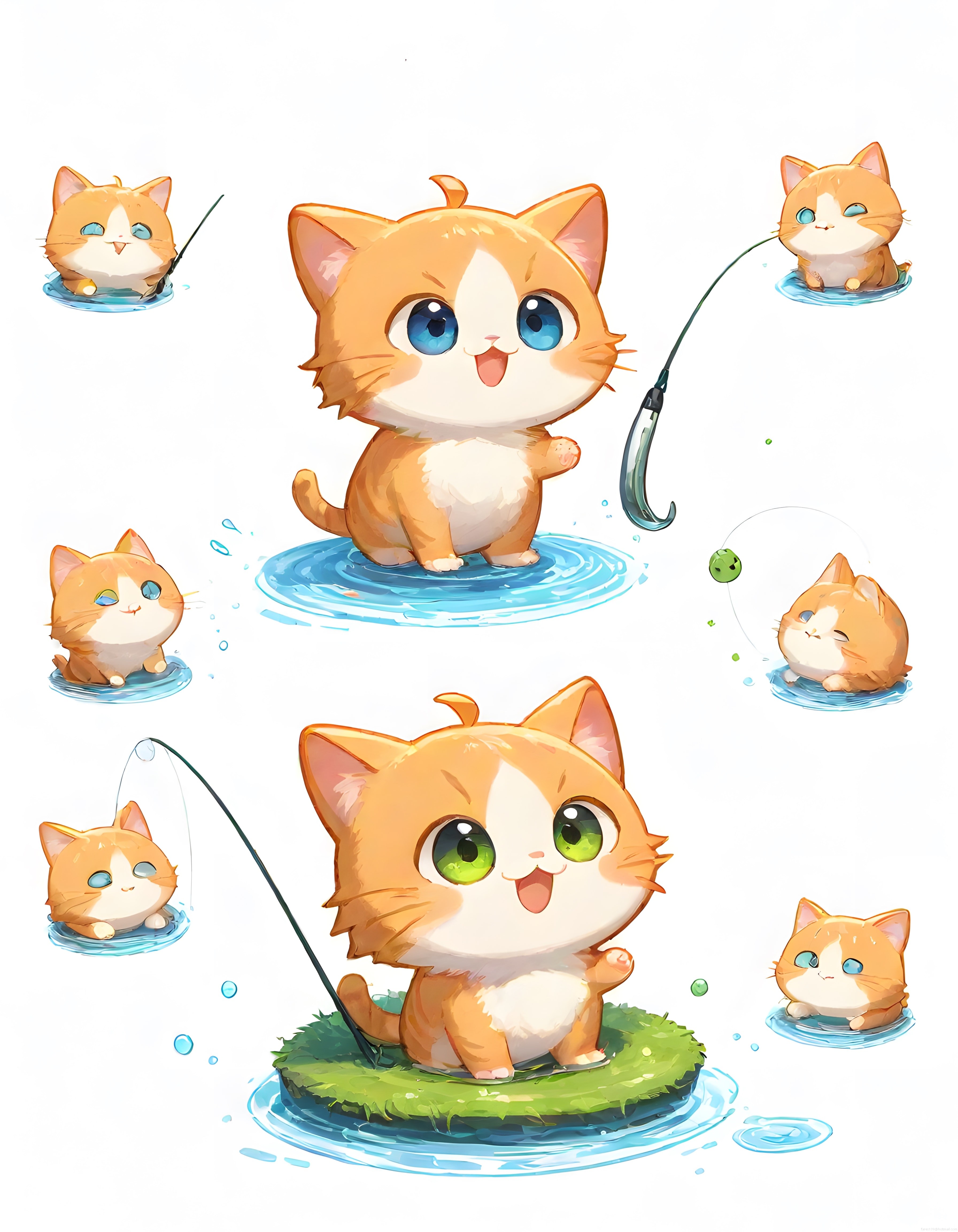 Suda balık tutan sevimli turuncu chibi kedi karakterleri dijital illüstrasyon
