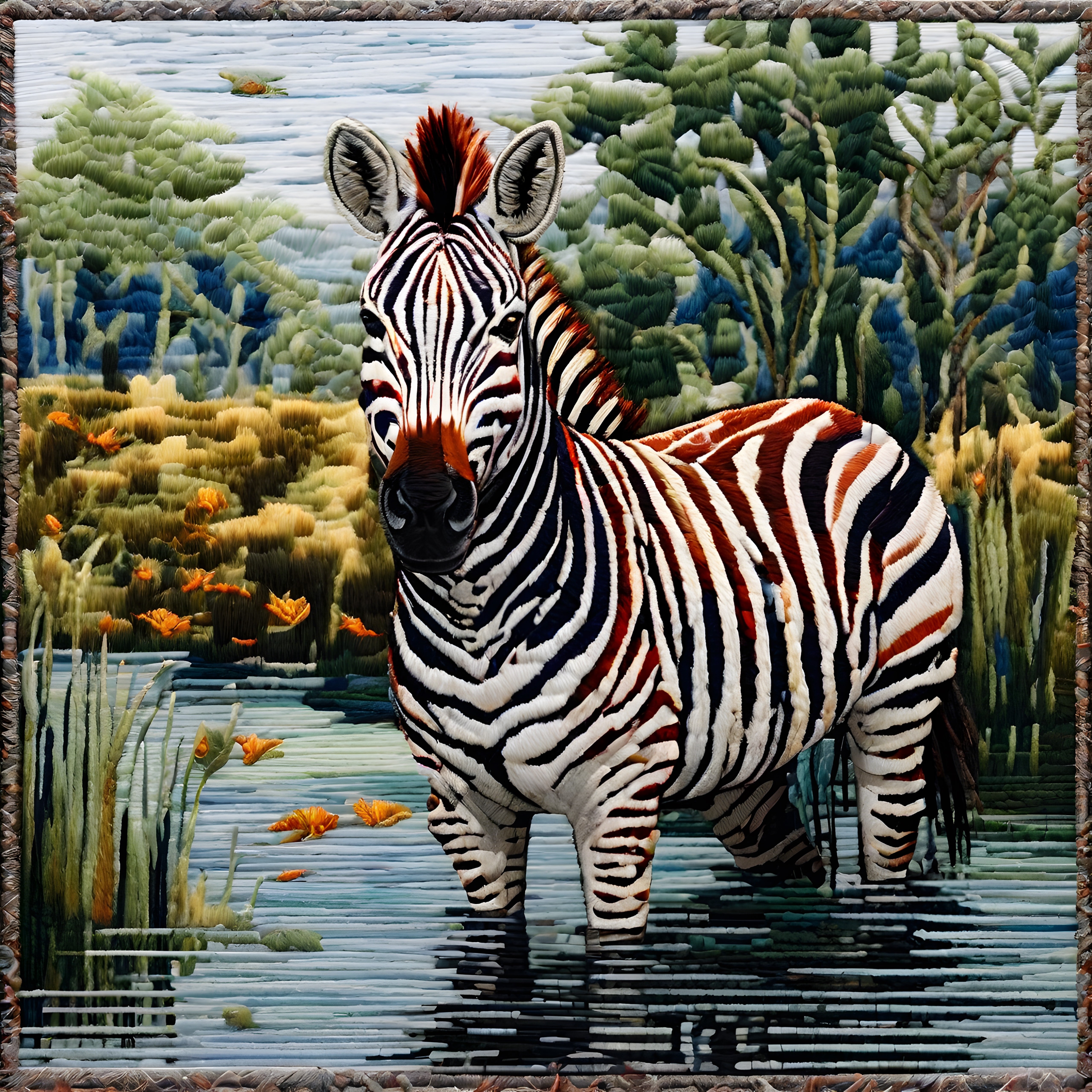 Suda duran zebra ve sazlıklarla çevrili nakış tarzı göl manzarası