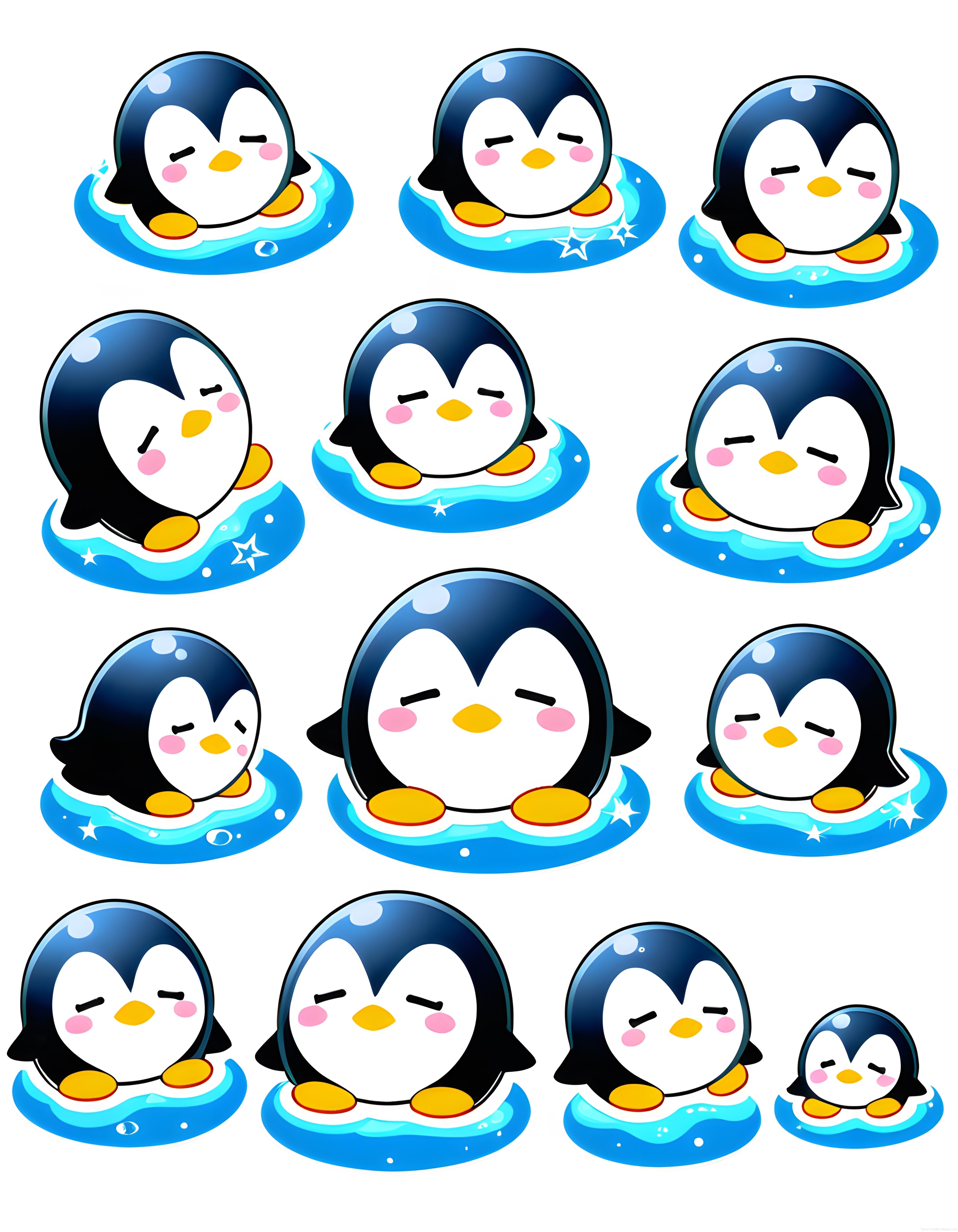 Suda Yüzen Sevimli Penguen Karakterleri Kawaii Vektör İllüstrasyon Seti