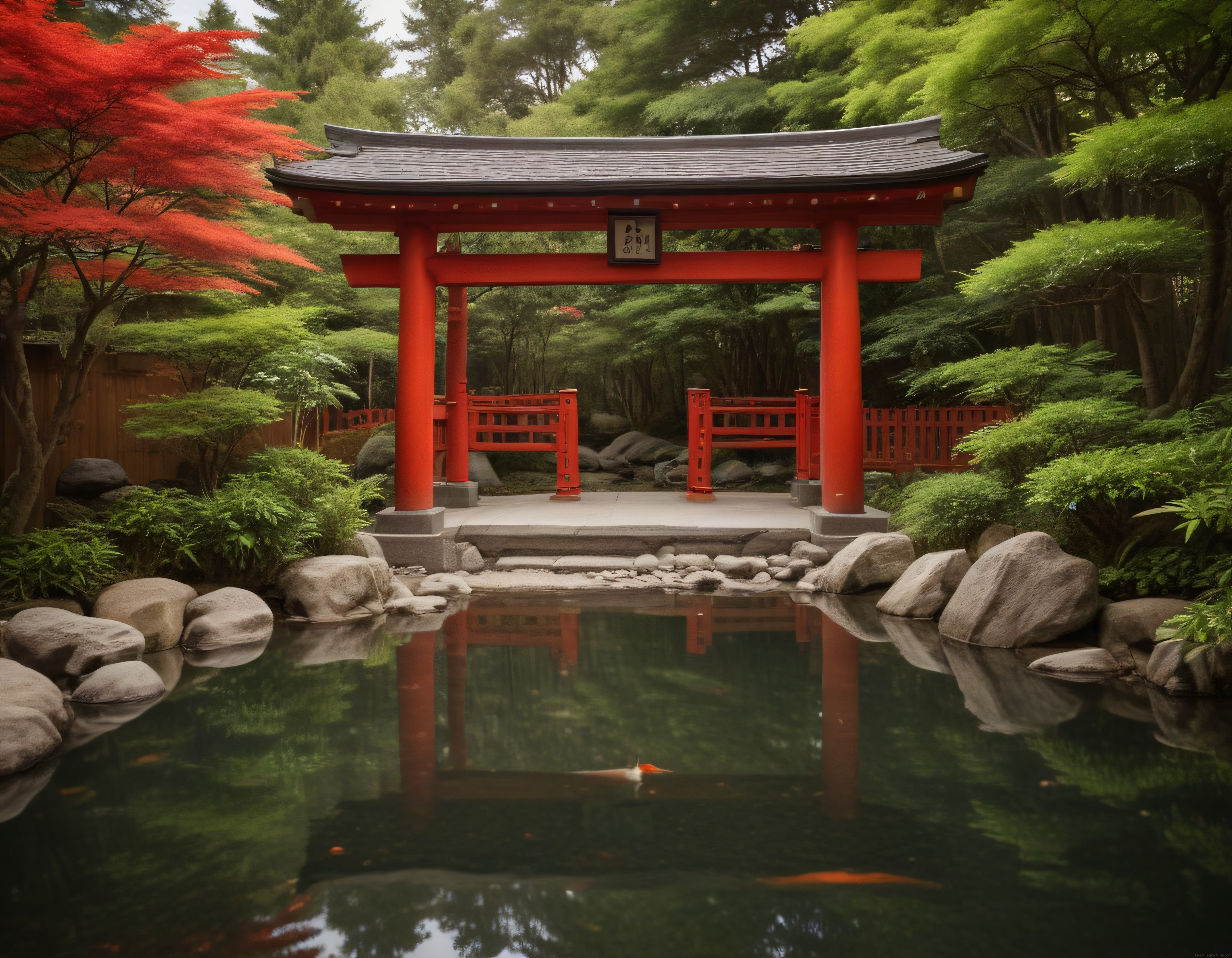 Sükunet Dolu Japon Bahçesinde Kırmızı Torii Kapısının Yansımalı Manzarası