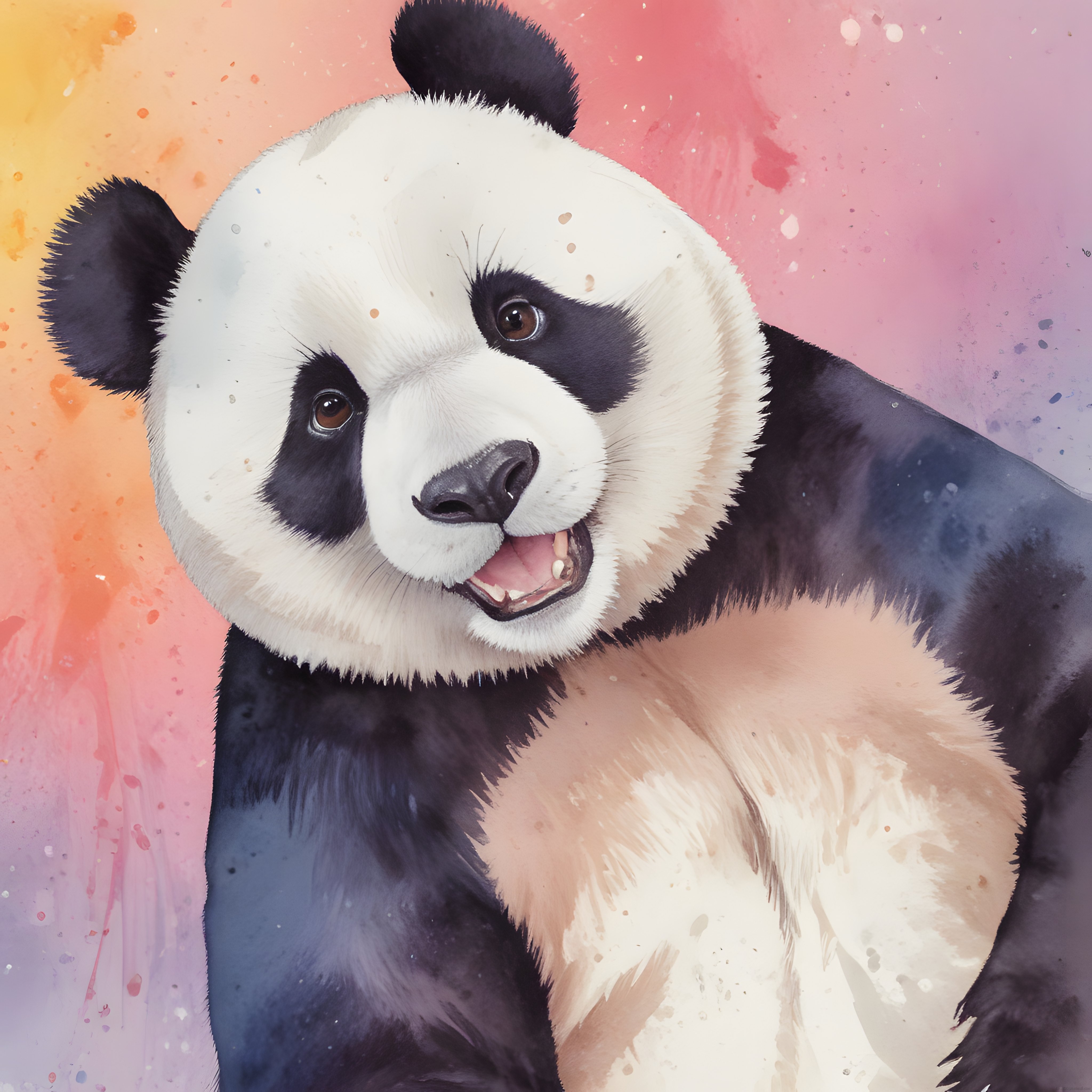 Sulu boya efektiyle renkli arka planda mutlu dev panda portresi