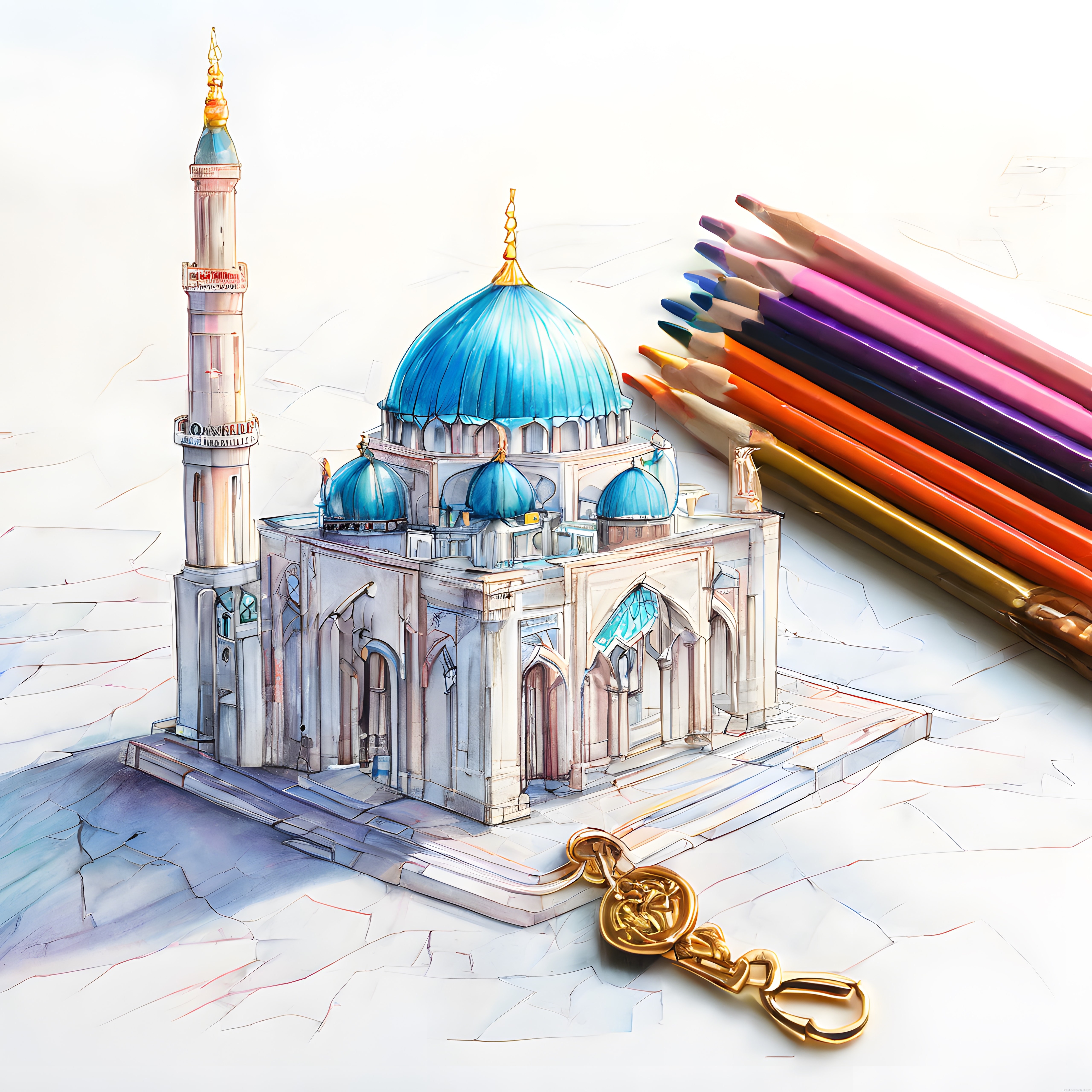 Sulu Boya Efektli Mavi Kubbeli Cami Çizimi, Renkli Kalemler ve Altın Muska Aksesuarı