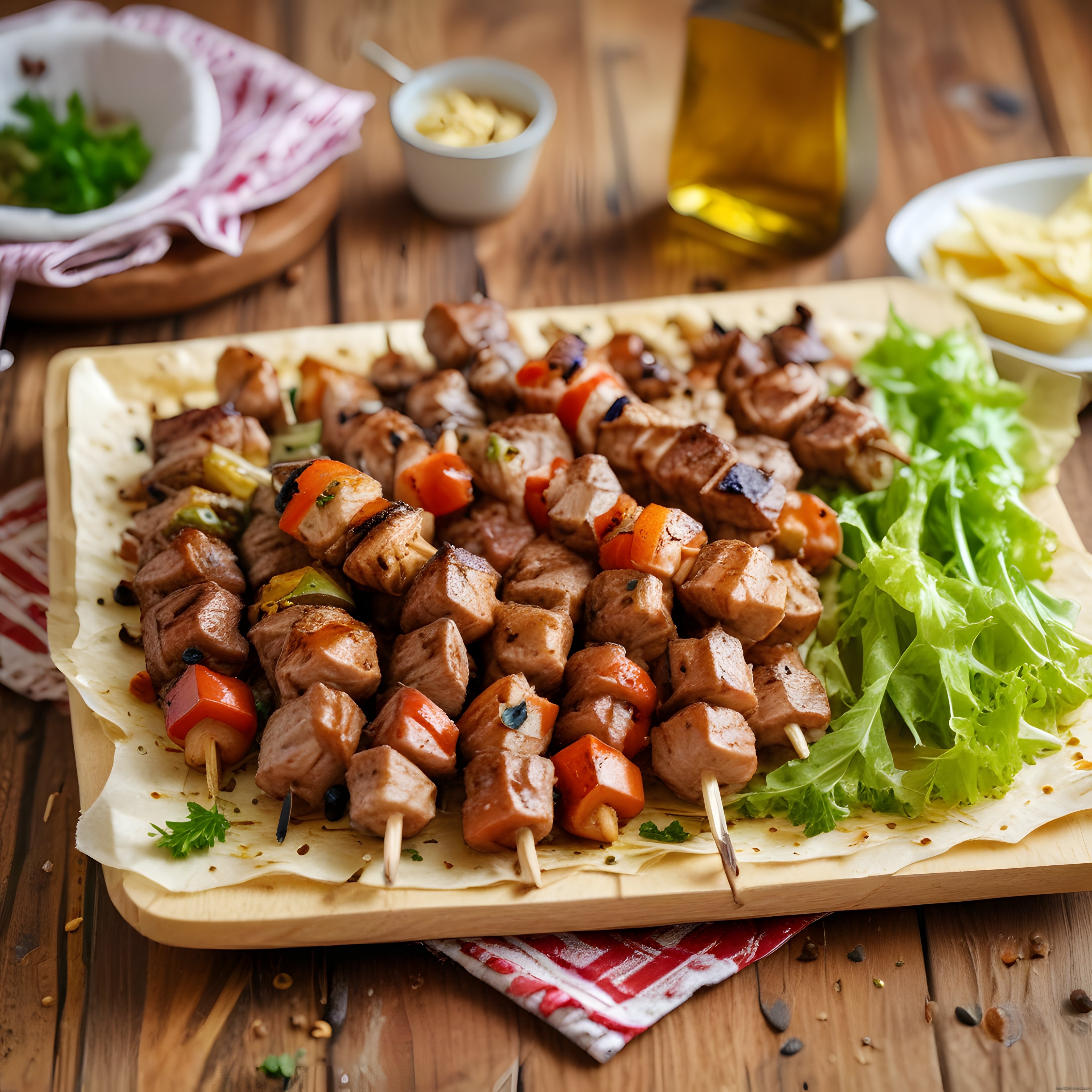Sulu et şiş kebap ve renkli biberlerin rustik ahşap masa üzerindeki leziz sunumu