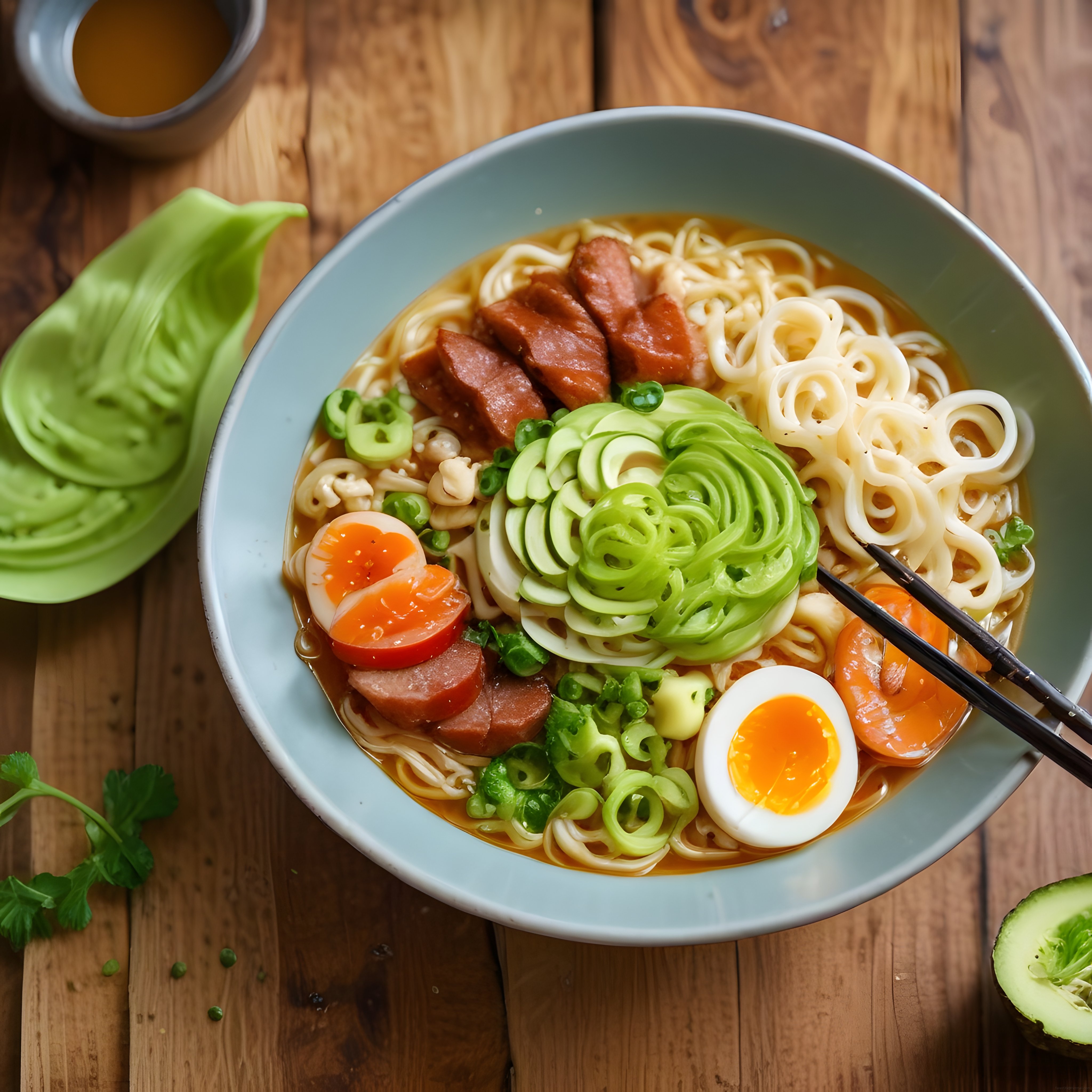 Sulu Et Suyu Noodle: Avokado, Füme Et ve Yarım Haşlanmış Yumurtalı Ramen Kasesi