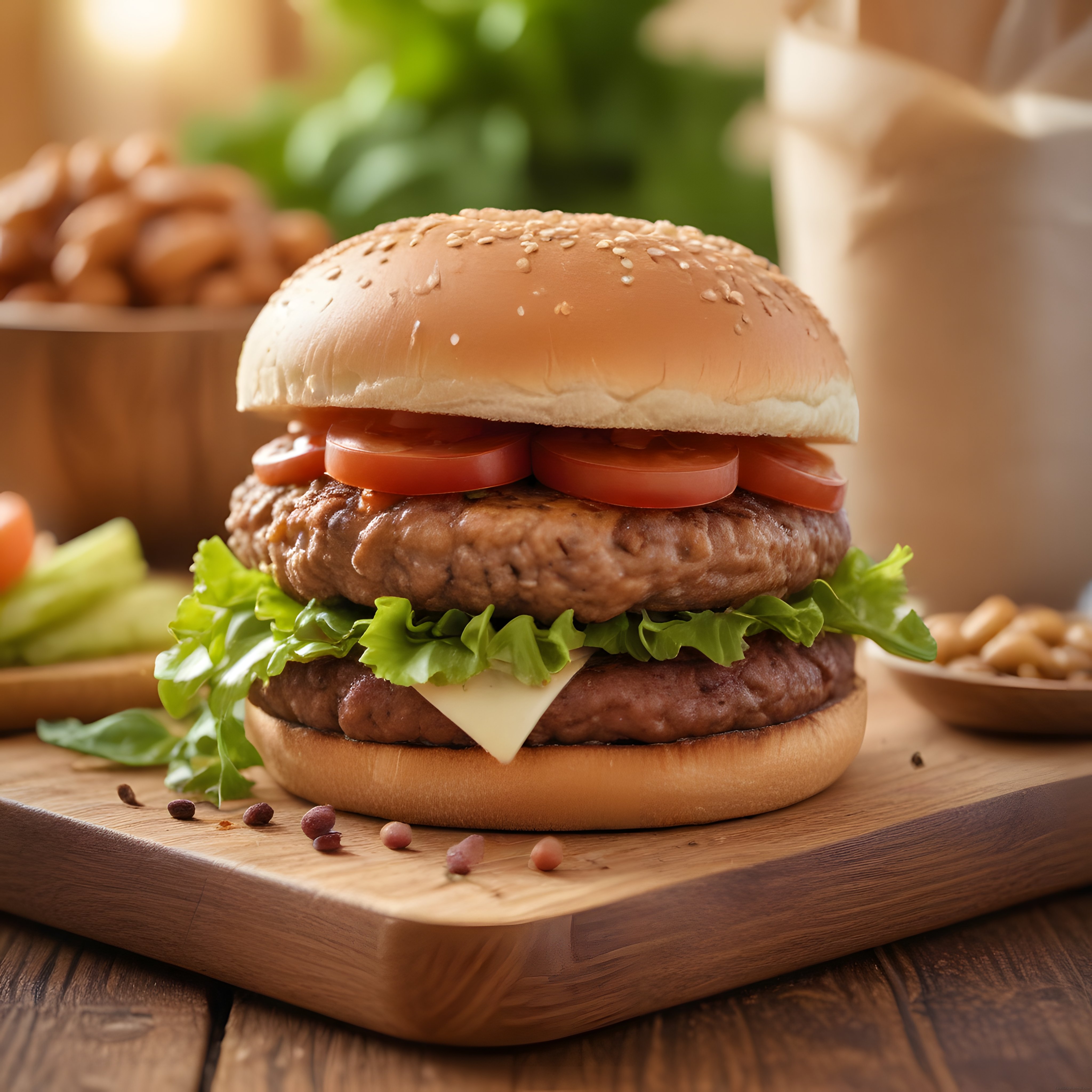 Sulu İki Katlı Dana Hamburger, Taze Sebzeler ve Ahşap Sunum Tahtası Görünümü