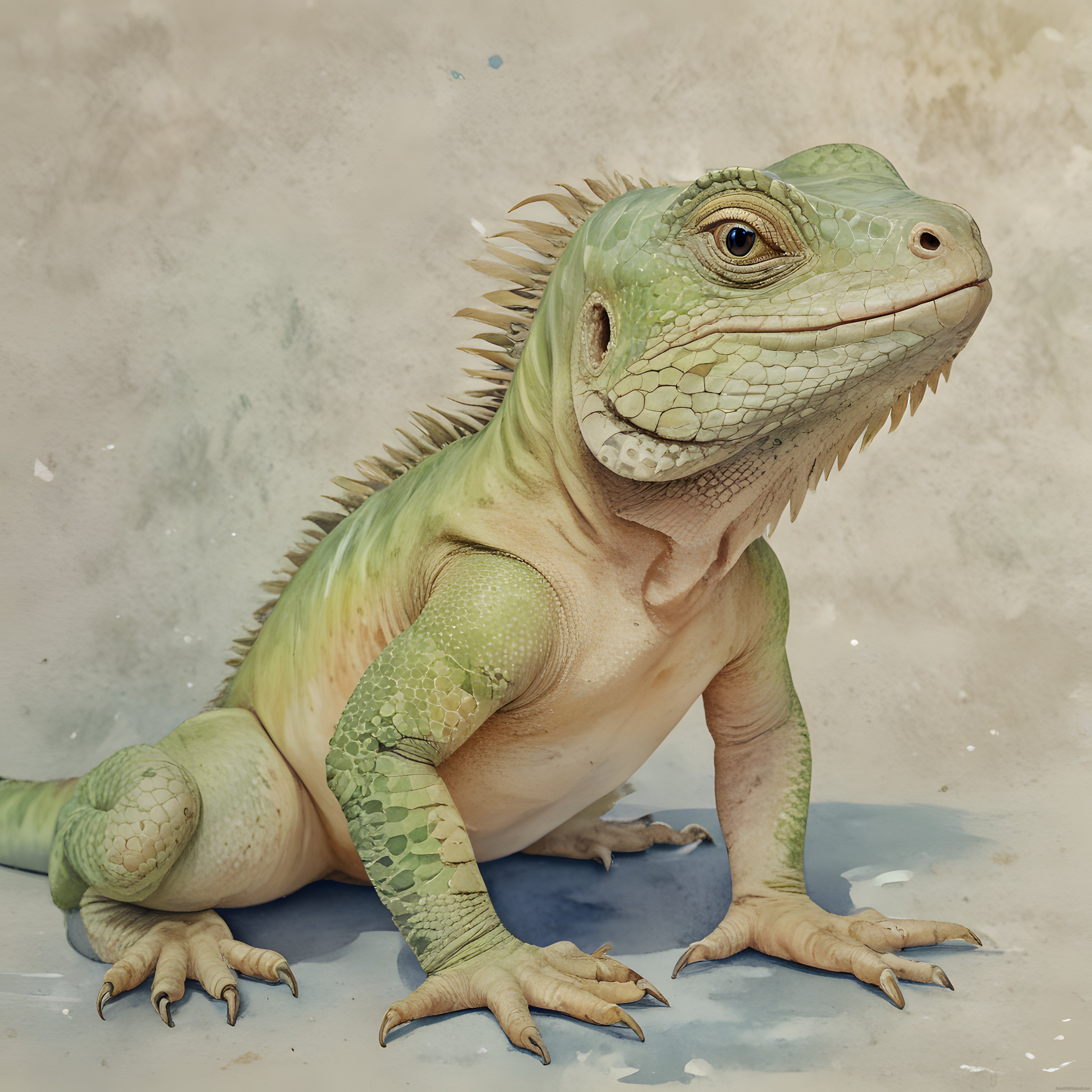 Suluboya Arka Plan Üzerinde Oturan Yeşil İguana ve Pullu Deri Detayları