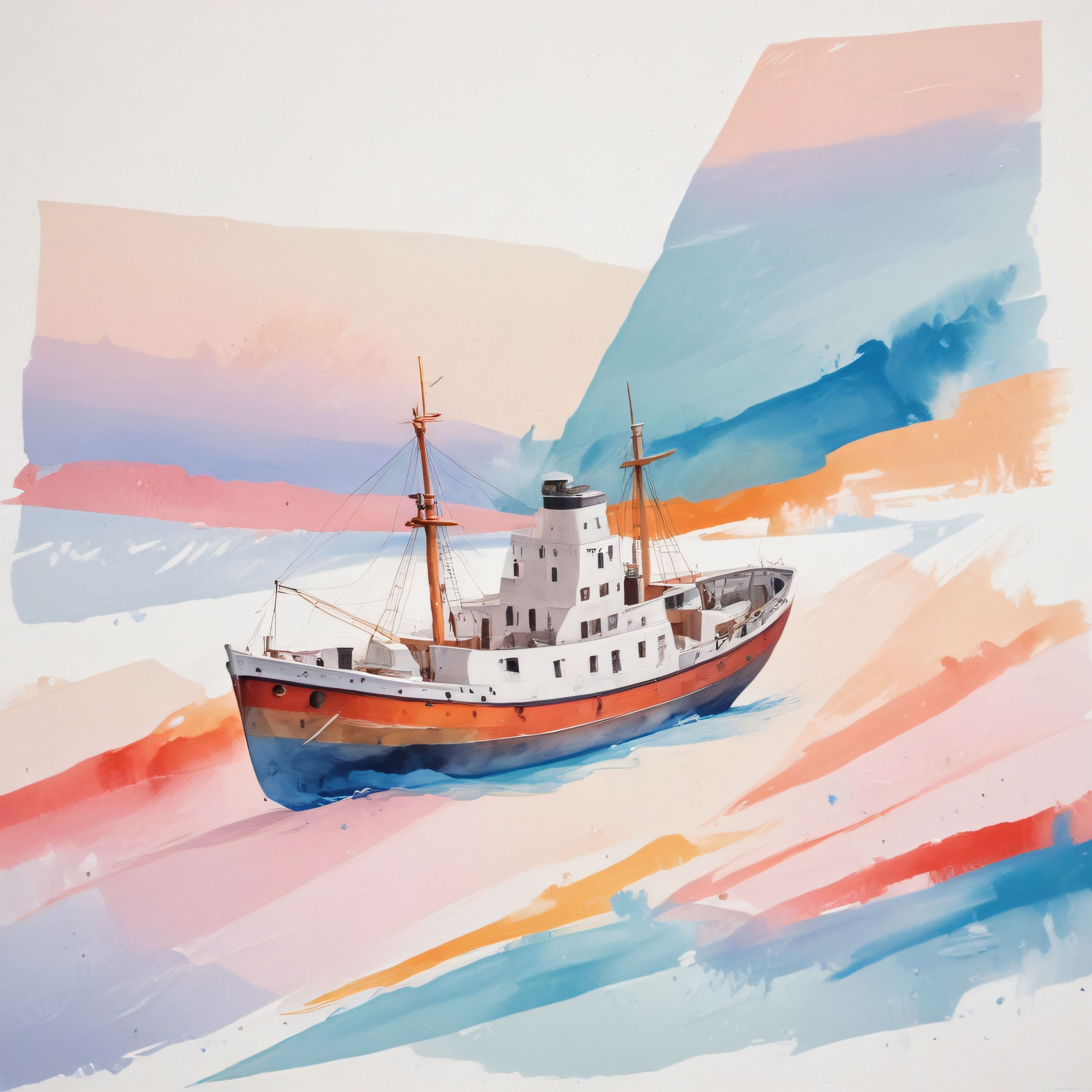 Suluboya Arktik Keşif Gemisi ve Pastel Buzul Manzarası Dijital Sanat Eseri