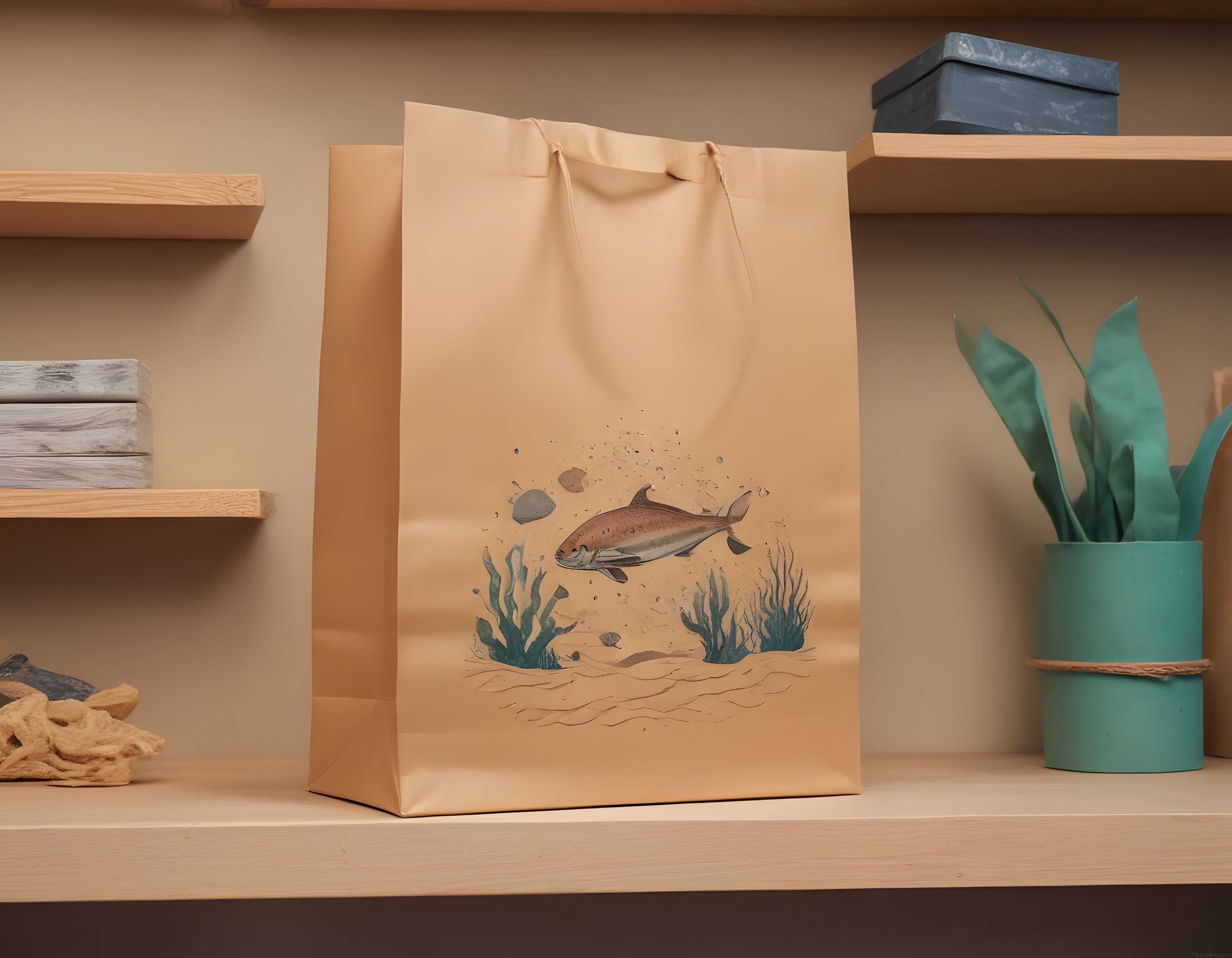 Suluboya Balık Desenli Kraft Kağıt Torba ve Doğal Ahşap Raf Dekoru