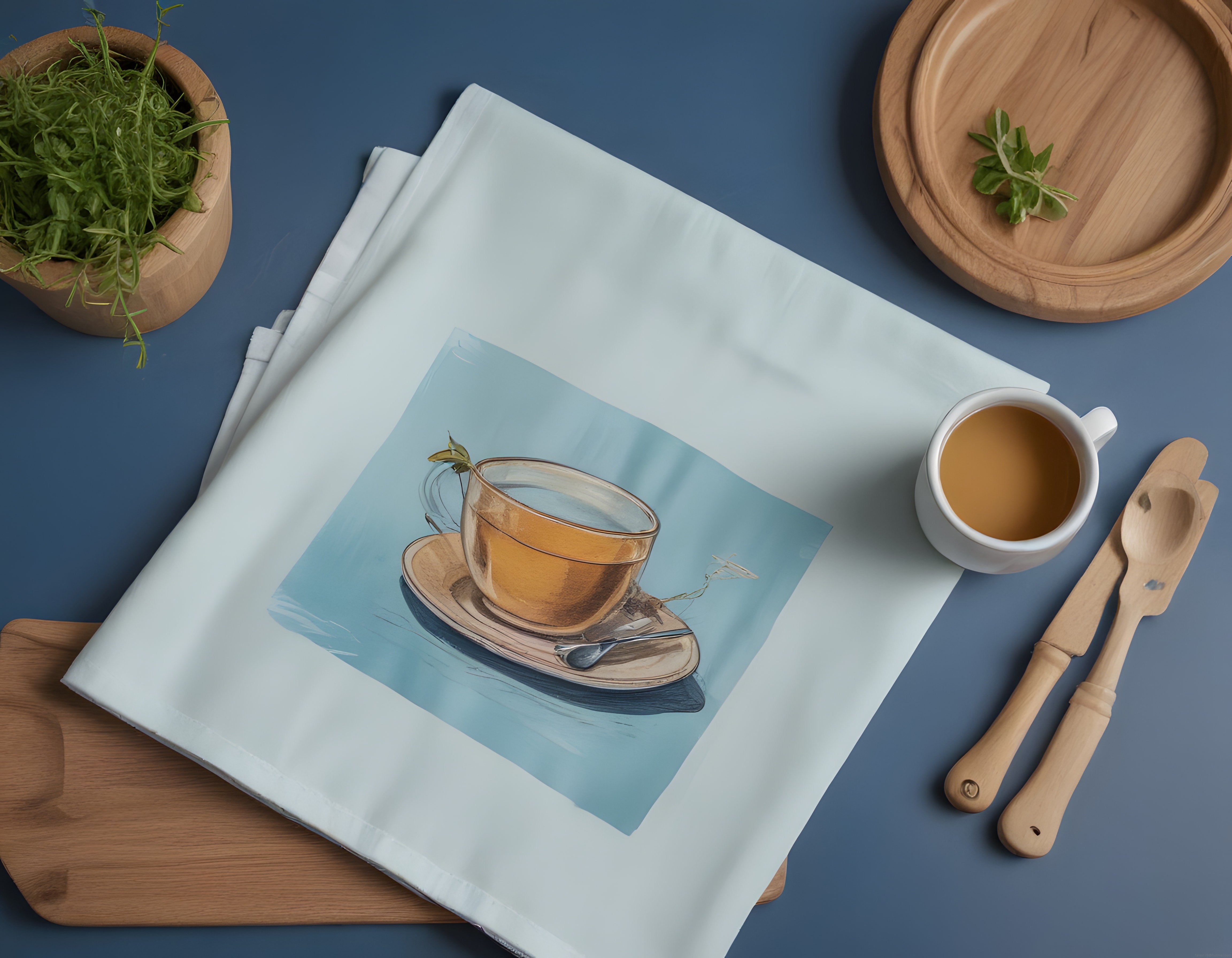 Suluboya Çay Fincanı Baskılı Bez Çanta ve Doğal Ahşap Mutfak Detayları