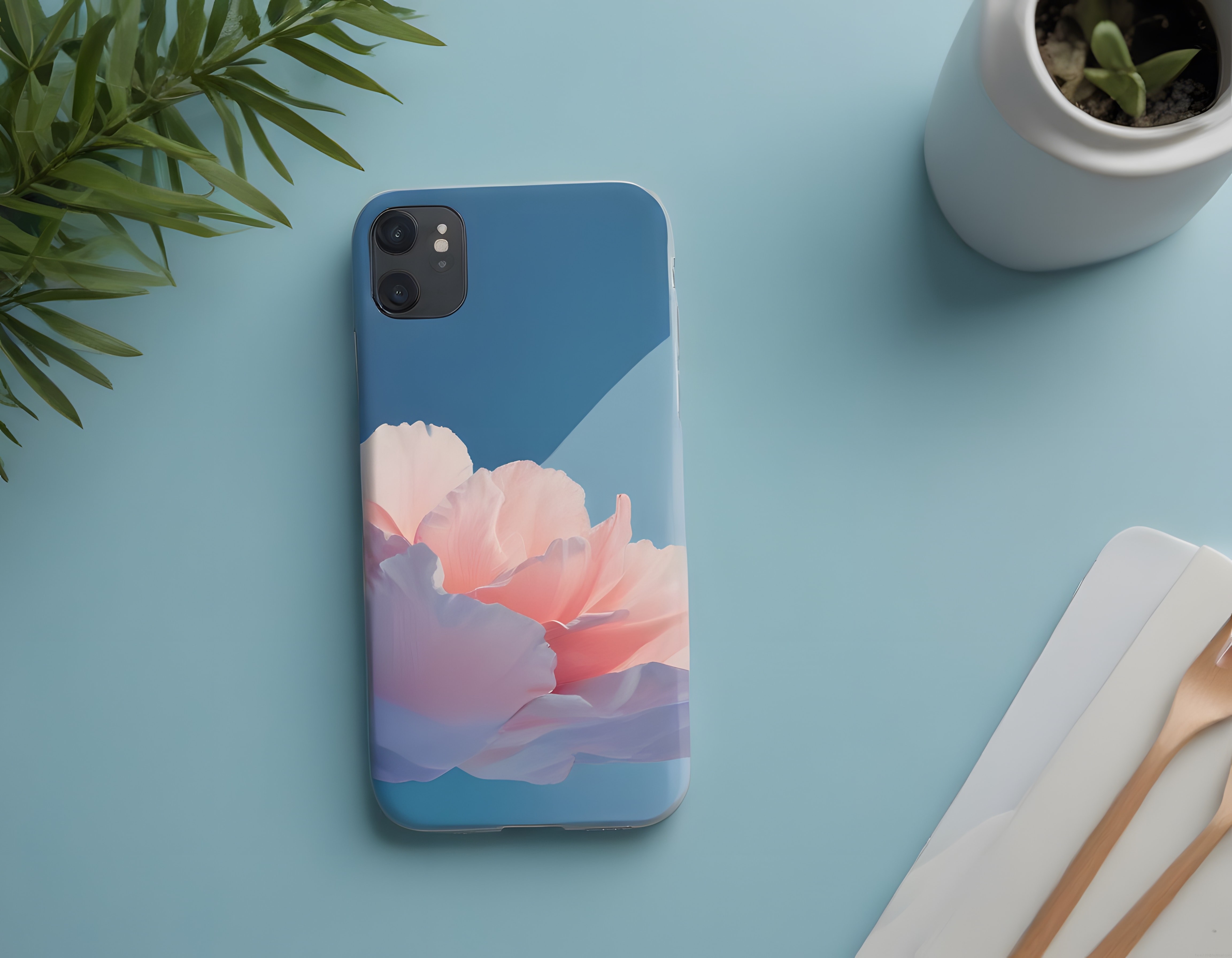 Suluboya çiçek desenli iPhone kılıfı ve minimal masa dekoruyla estetik düzen