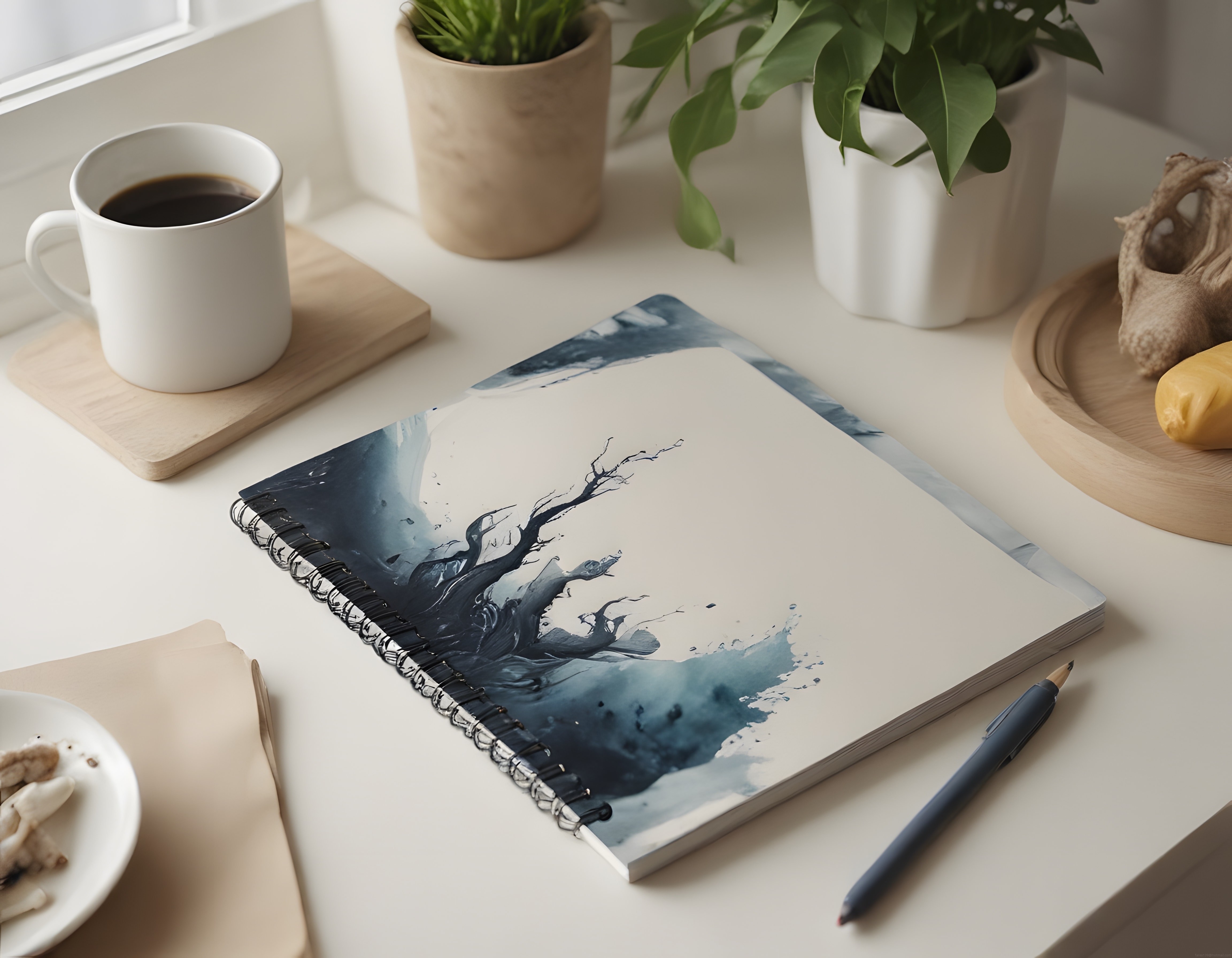 Suluboya Defter ve Kahve Eşliğinde Sade Çalışma Masası Dekorasyonu