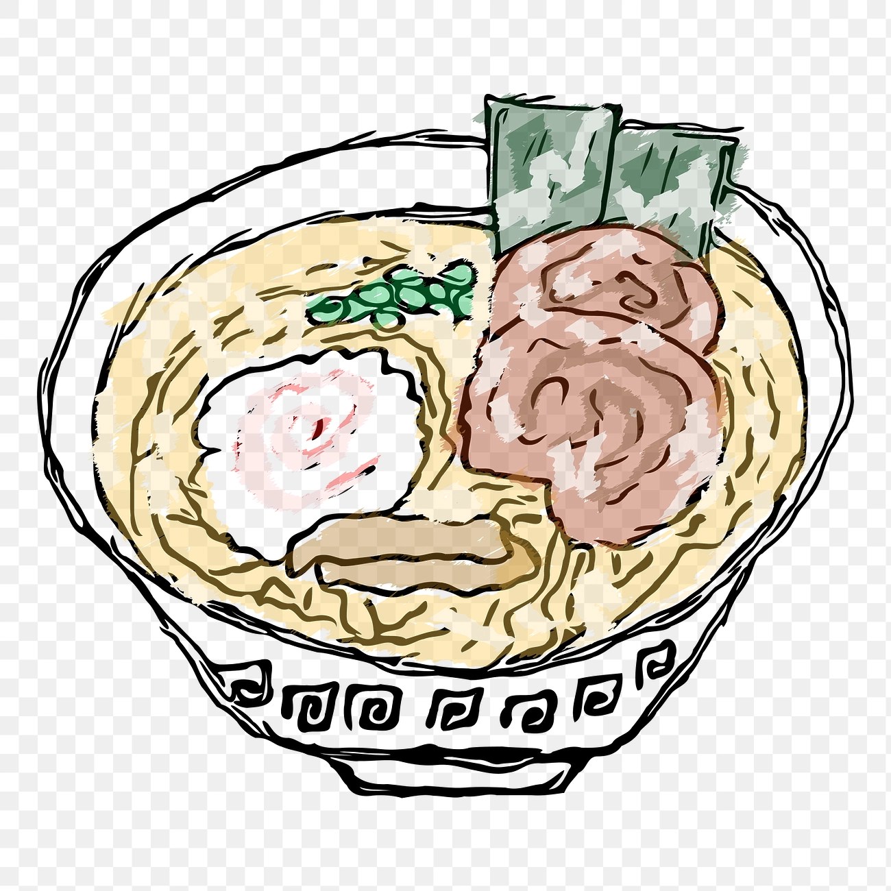 Suluboya dokulu elle çizilmiş geleneksel Japon ramen kasesi illüstrasyonu