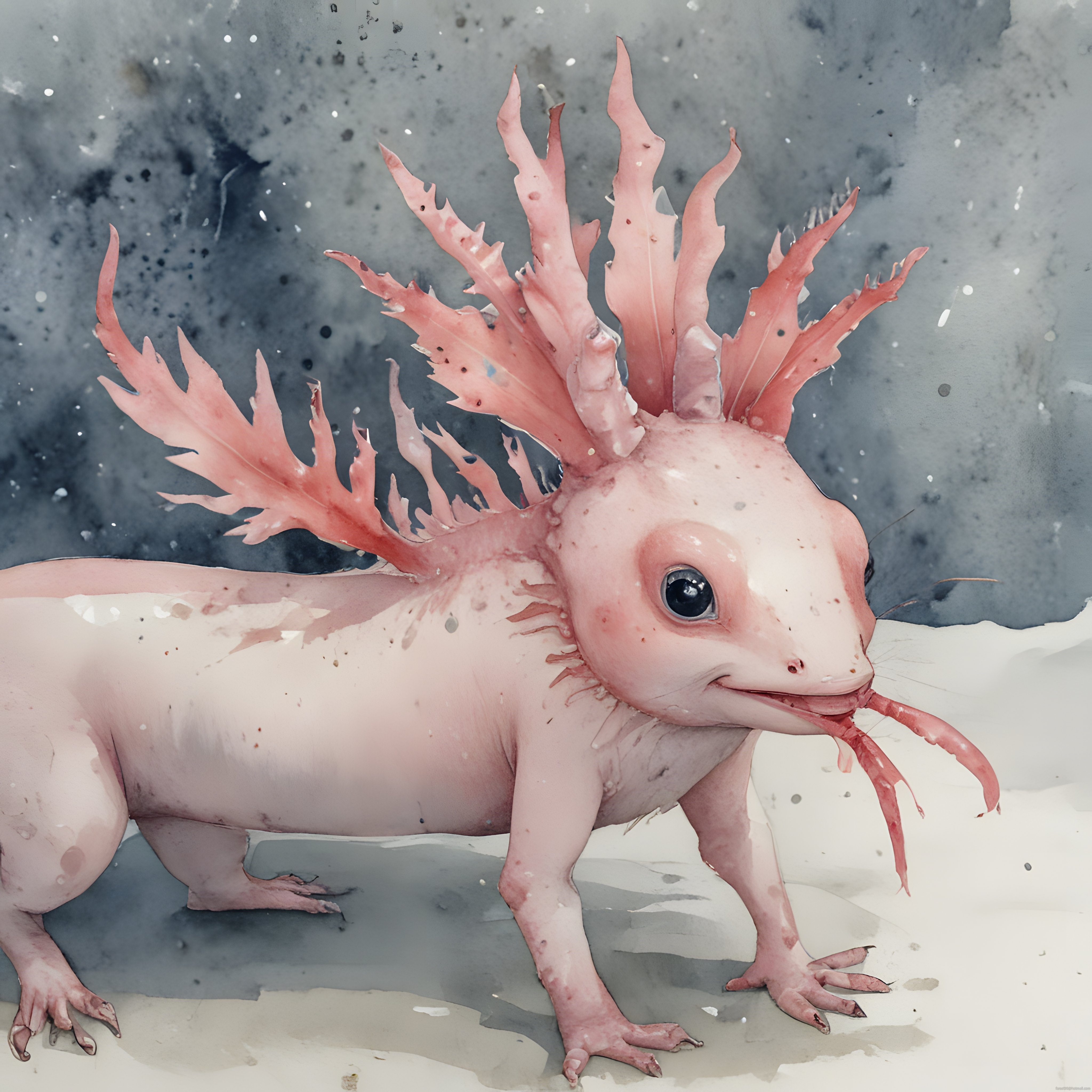 Suluboya dokulu gri arka plan üzerinde pembe fantastik axolotl resmi