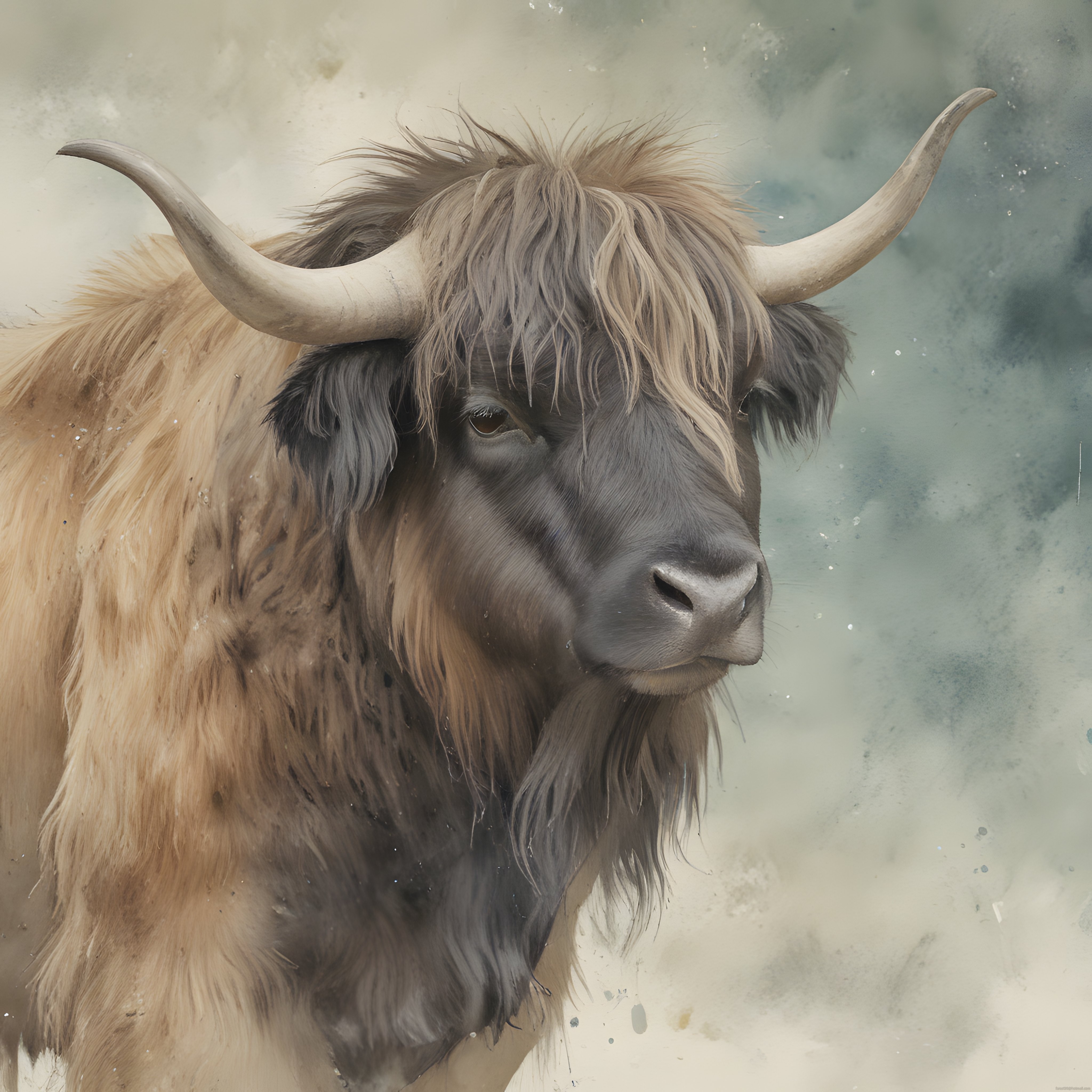 Suluboya Dokulu İskoç Highland Sığırı Portresi ve Büyüleyici Boynuz Detayları