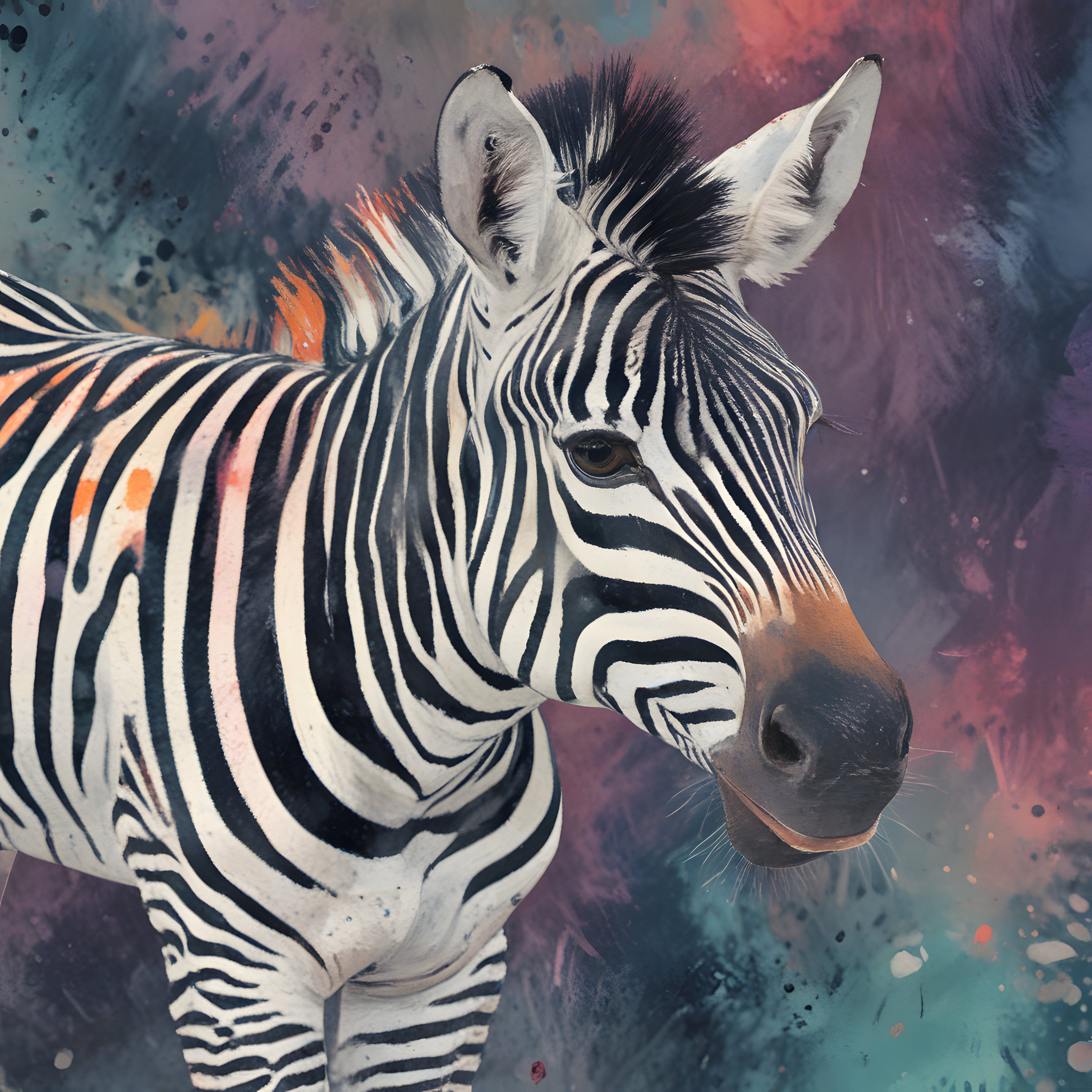 Suluboya Dokulu Renkli Arka Planda Öne Çıkan Detaylı Zebra Portresi