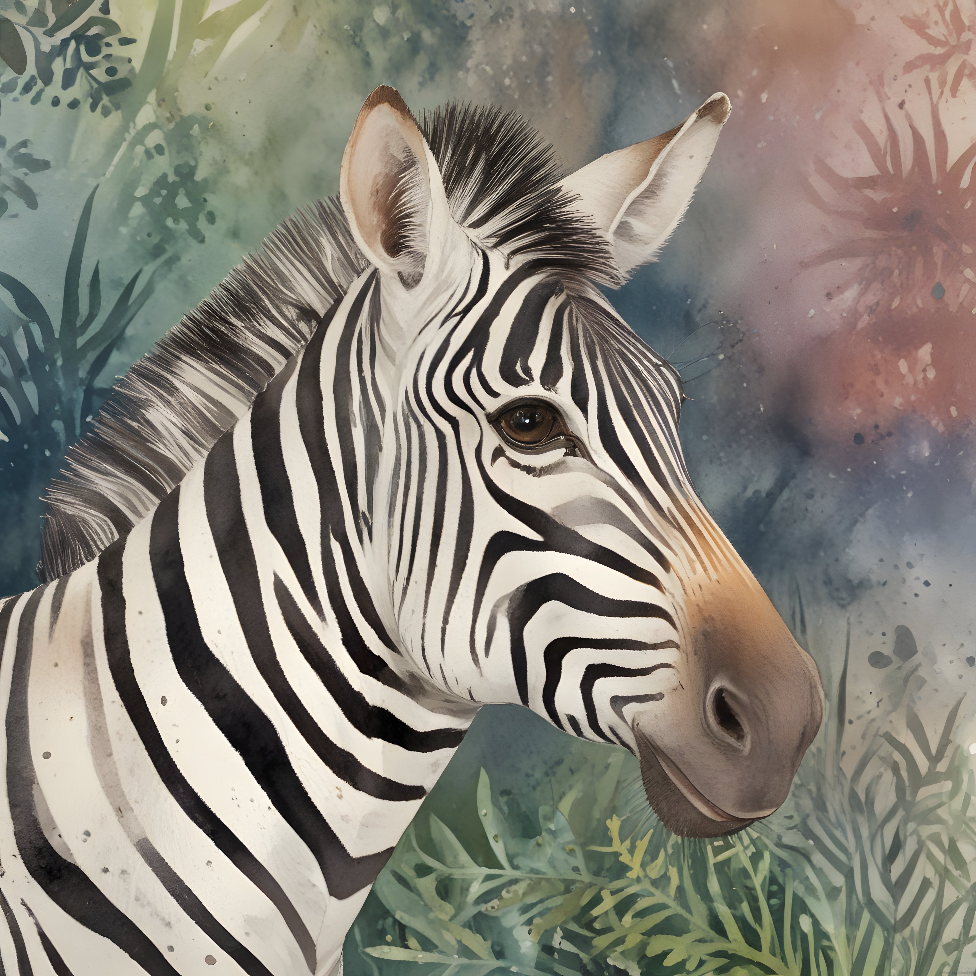 Suluboya dokulu sakin zebra portresi ve yemyeşil doğal arka planı