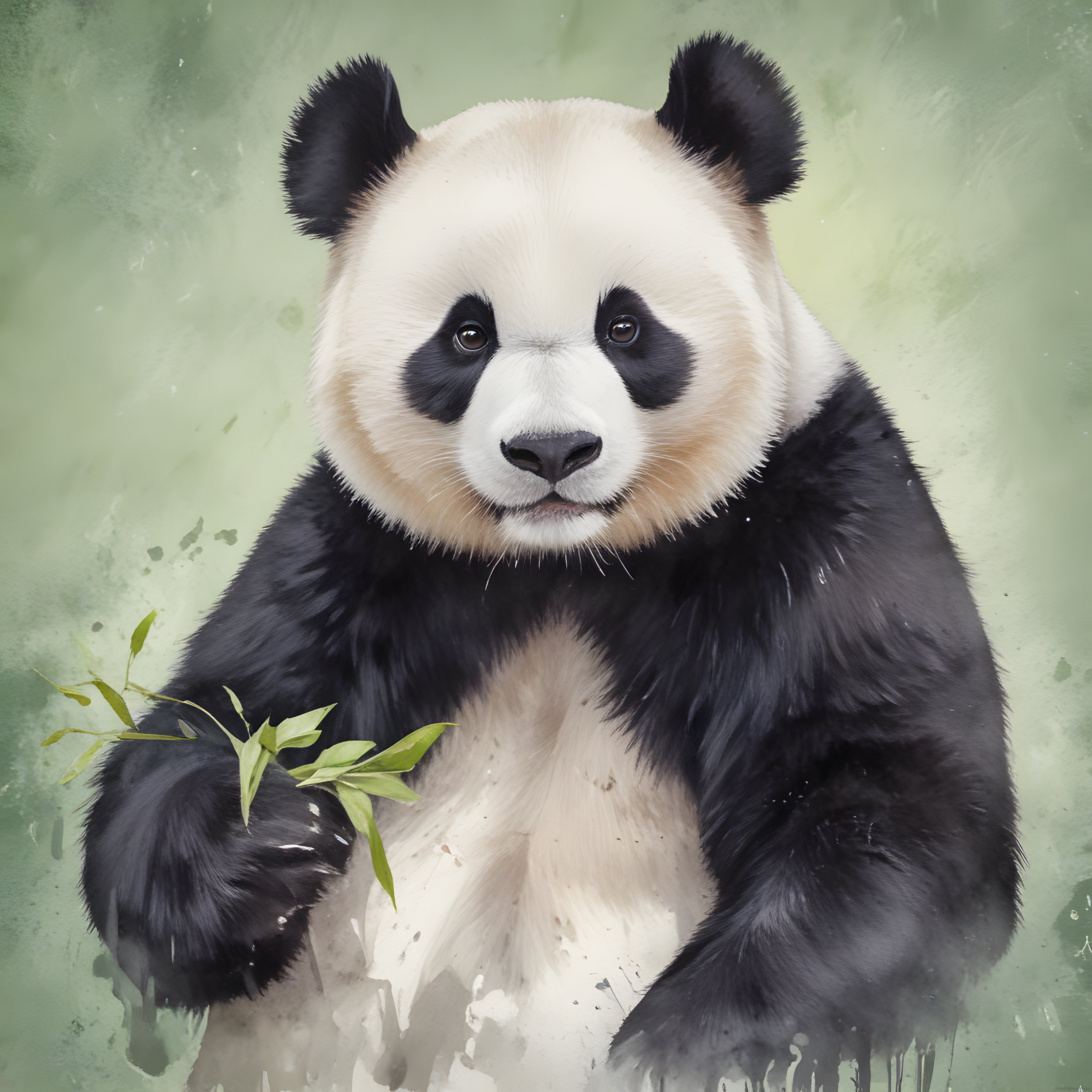 Suluboya Efektiyle Hazırlanmış Sevimli Panda Portresi ve Bambu Dalı