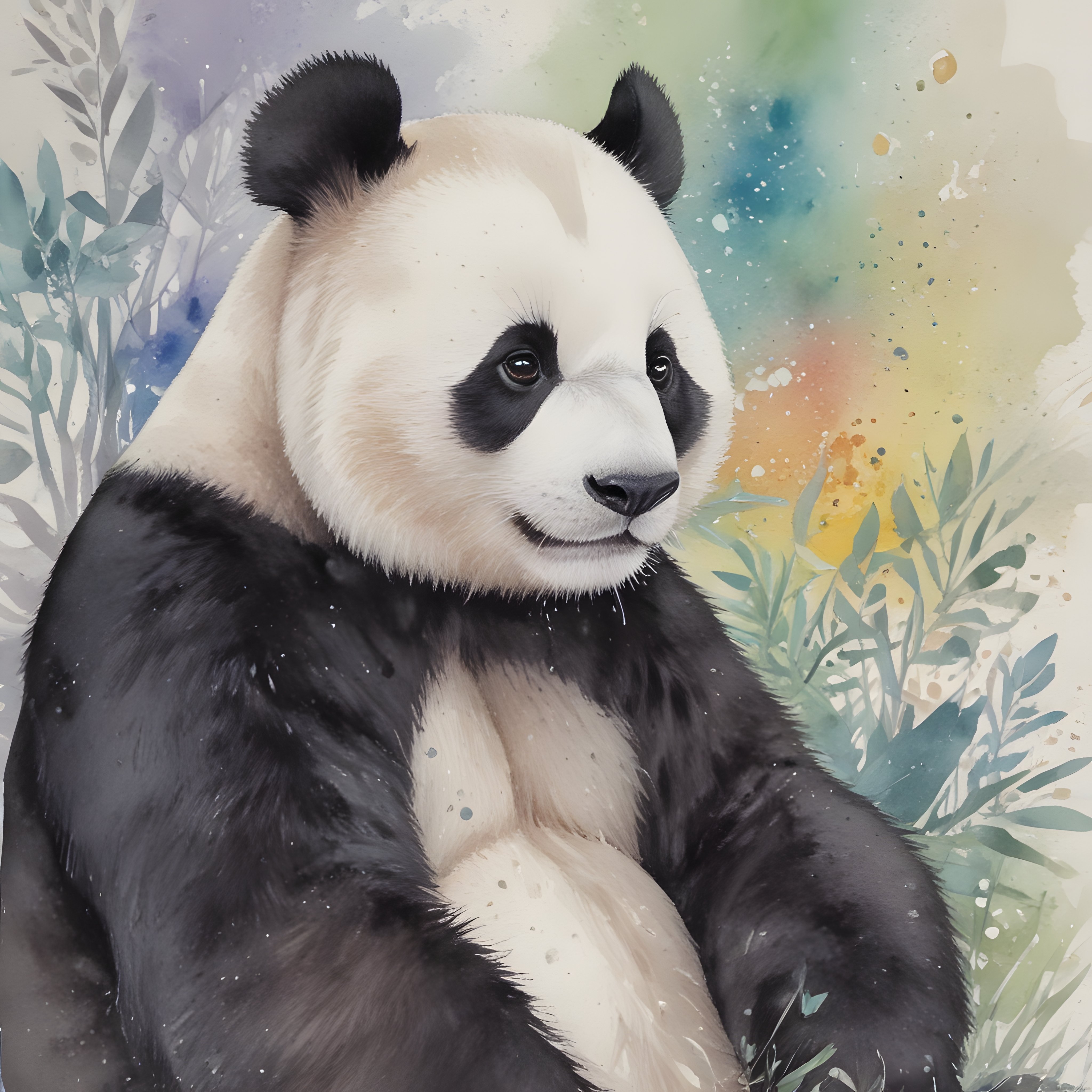 Suluboya Efektlerle Bezenmiş Bambu Ormanındaki Sevimli Panda Portresi