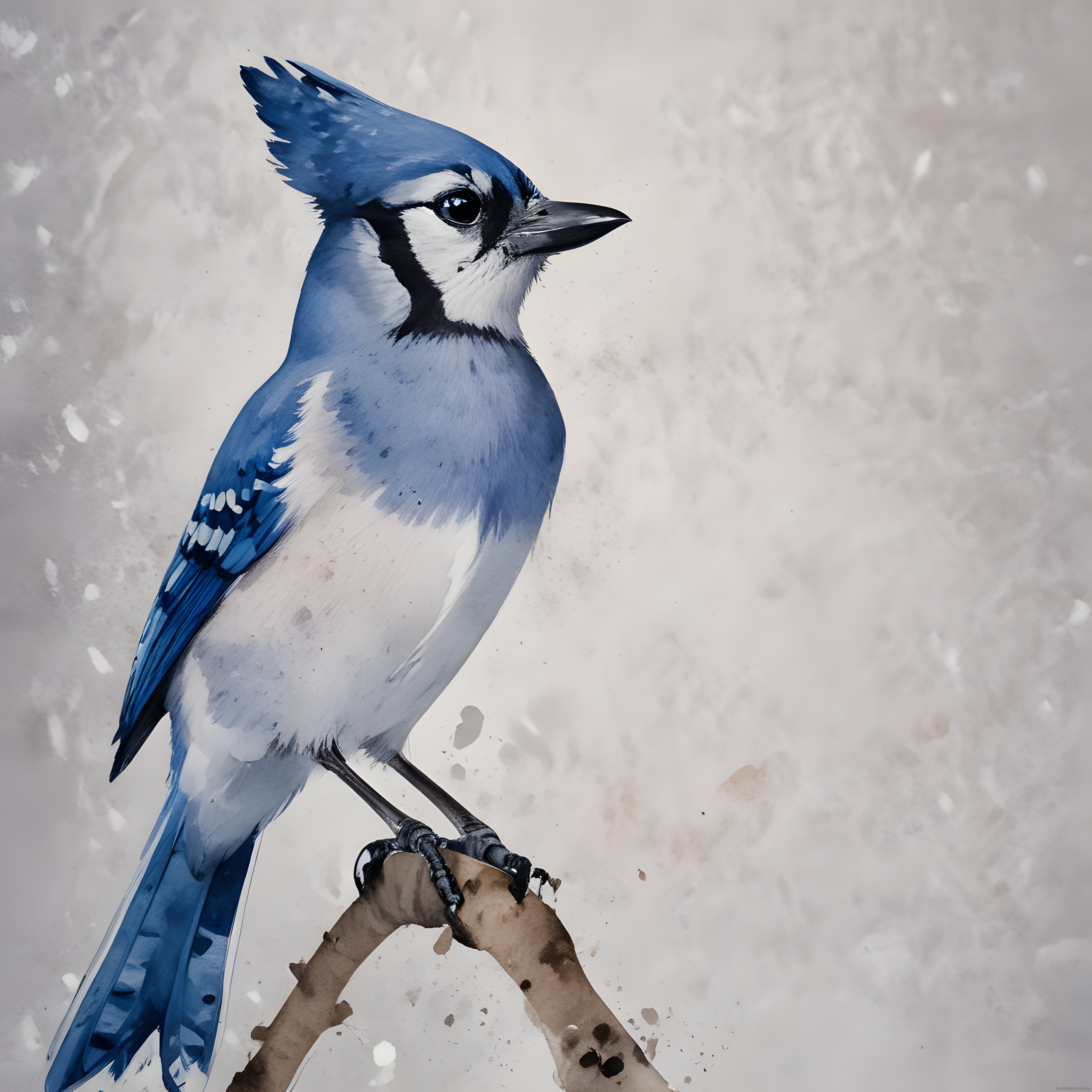 Suluboya Efektli Arka Planda Daldaki Mavi Alakarga (Blue Jay) Kuşu Suluboya Efektli Arka Planda Daldaki Mavi Alakarga (Blue Jay) Kuşu