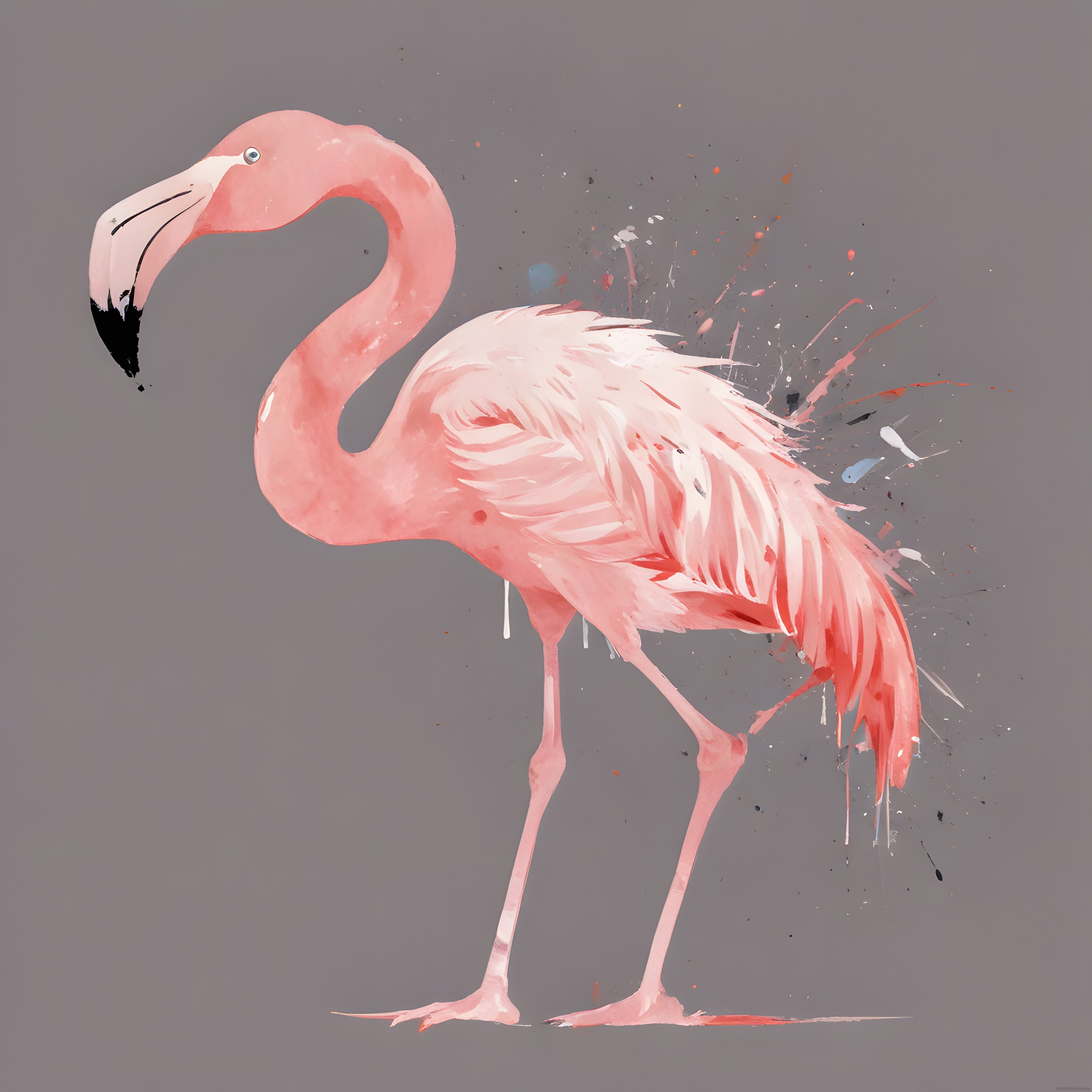 Suluboya Efektli Gri Zeminde Zarif Pembe Flamingo Dijital Sanat Çalışması