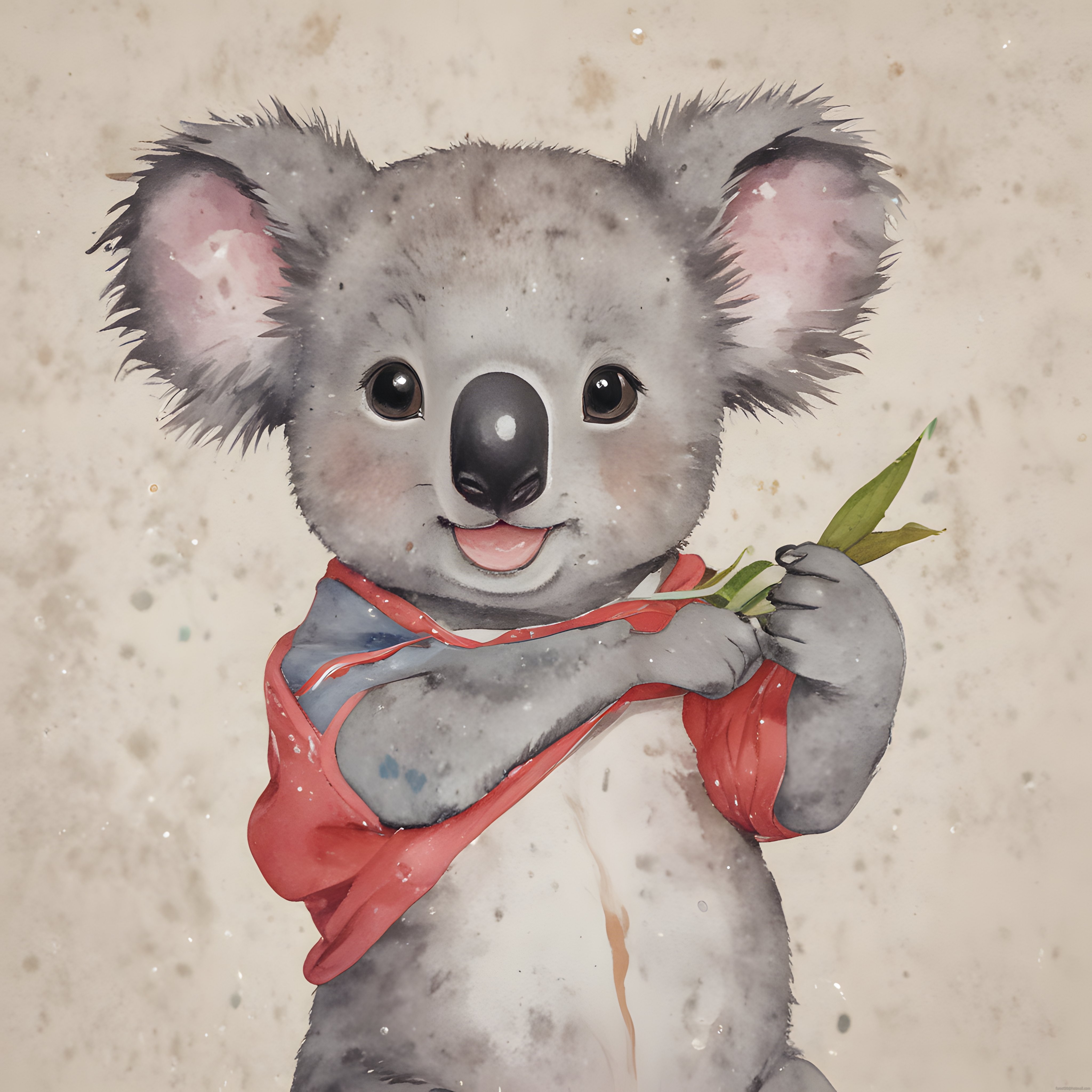 Suluboya Efektli Gülümseyen Koala Illüstrasyonu ve Okaliptus Yaprakları